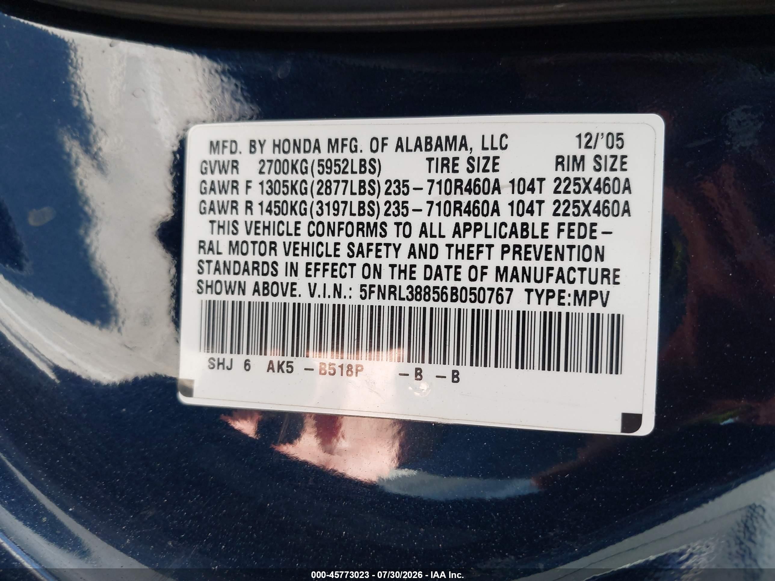 2006 Honda Odyssey Touring Blue vin: 5FNRL38856B050767
