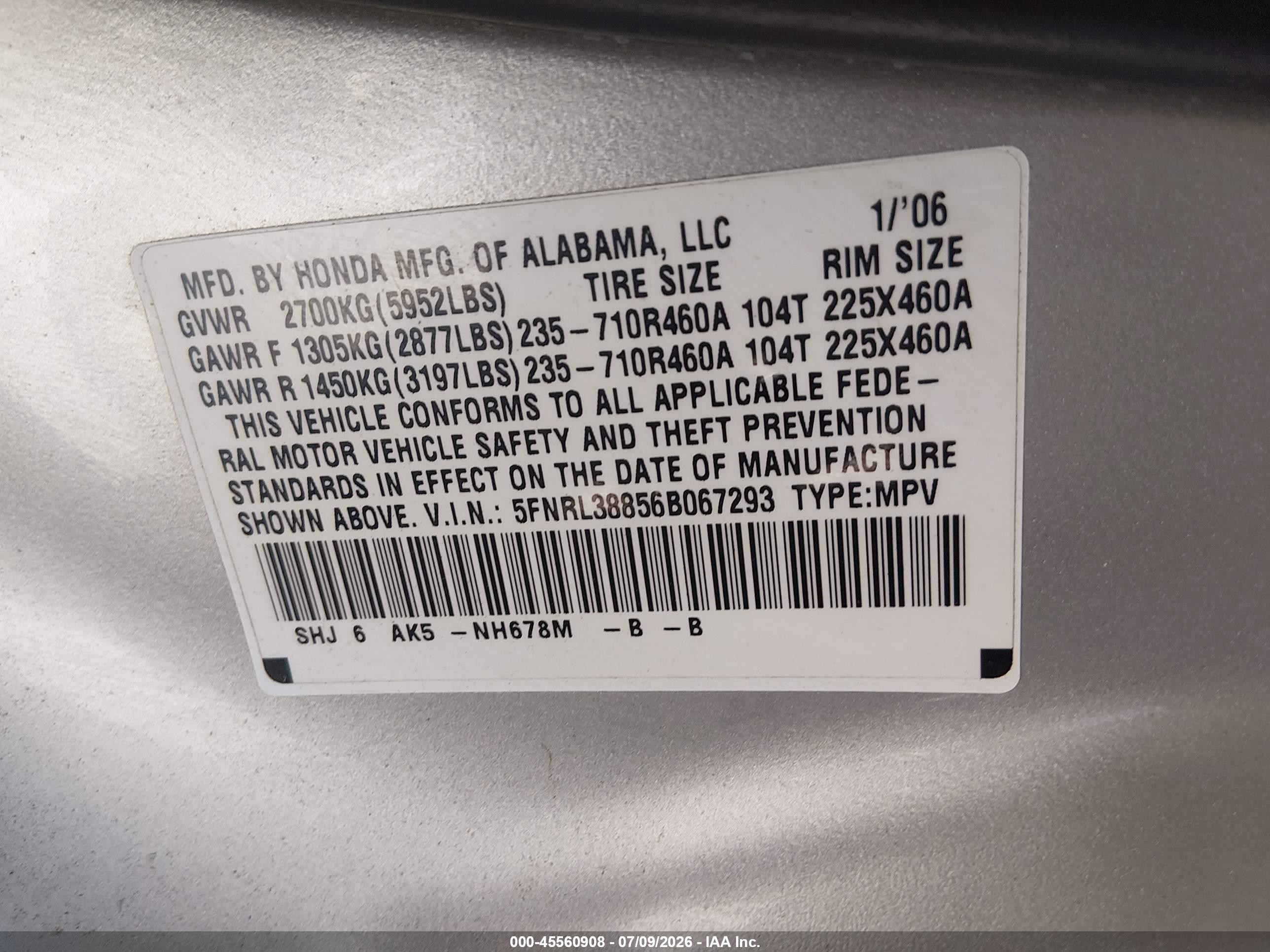 2006 Honda Odyssey Touring Beige vin: 5FNRL38856B067293