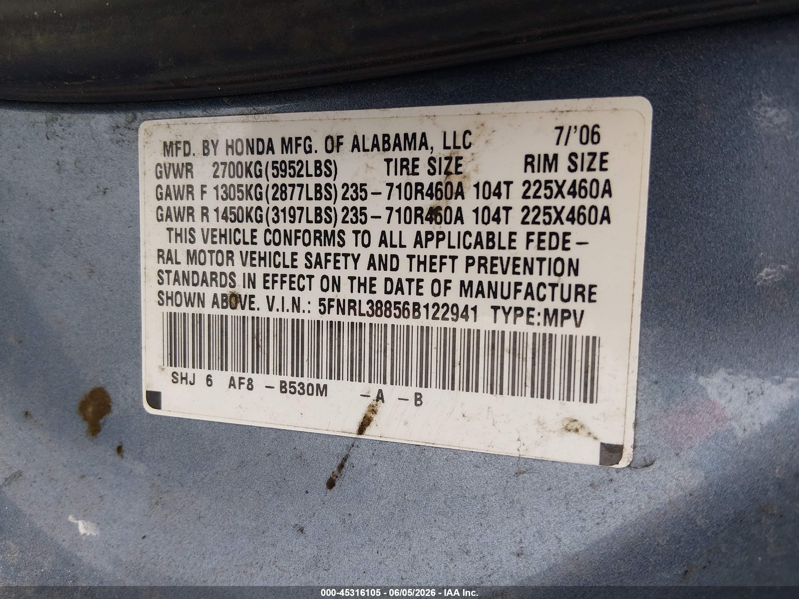 2006 Honda Odyssey Touring Blue vin: 5FNRL38856B122941