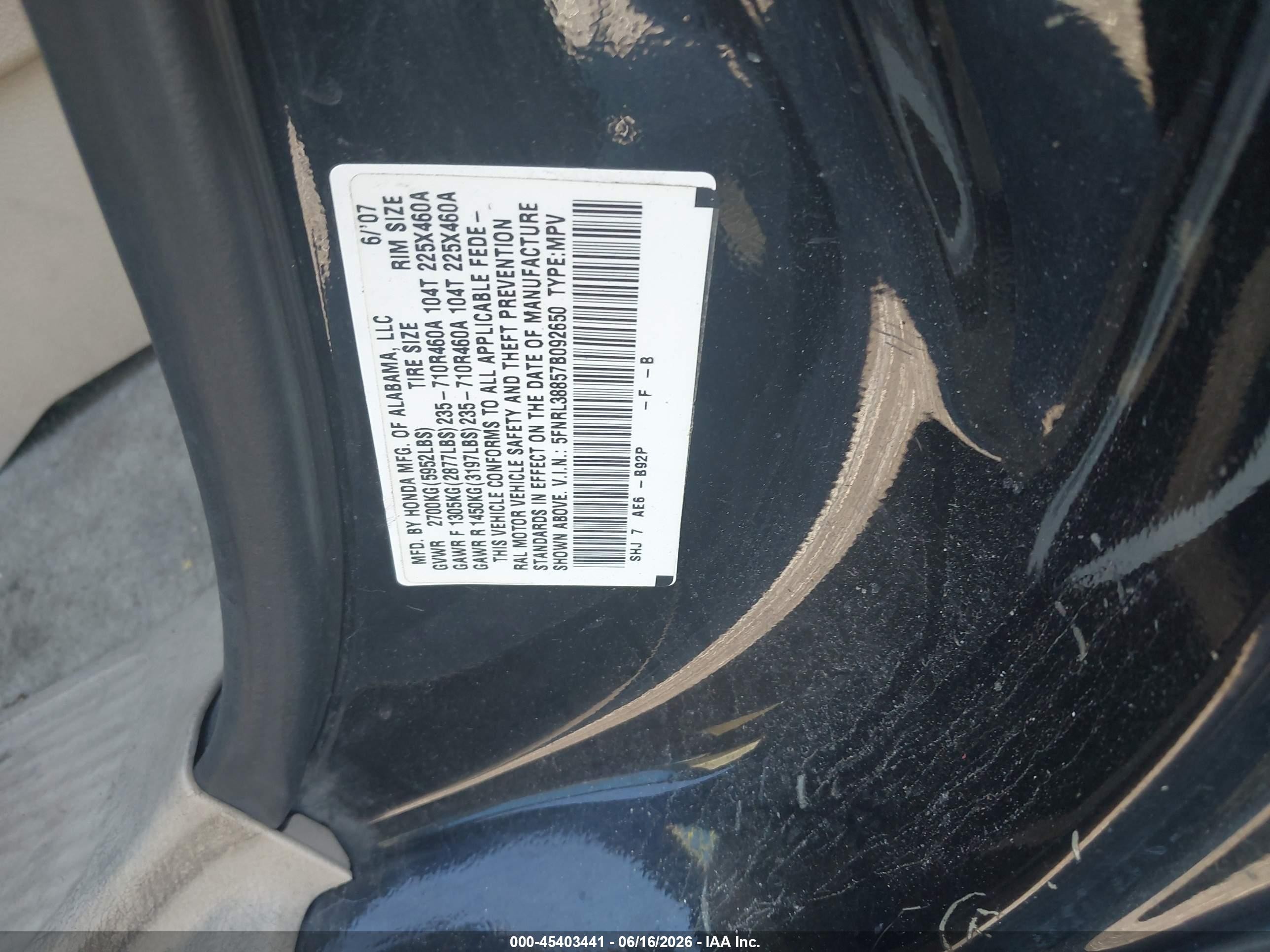 2007 Honda Odyssey Touring Black vin: 5FNRL38857B092650