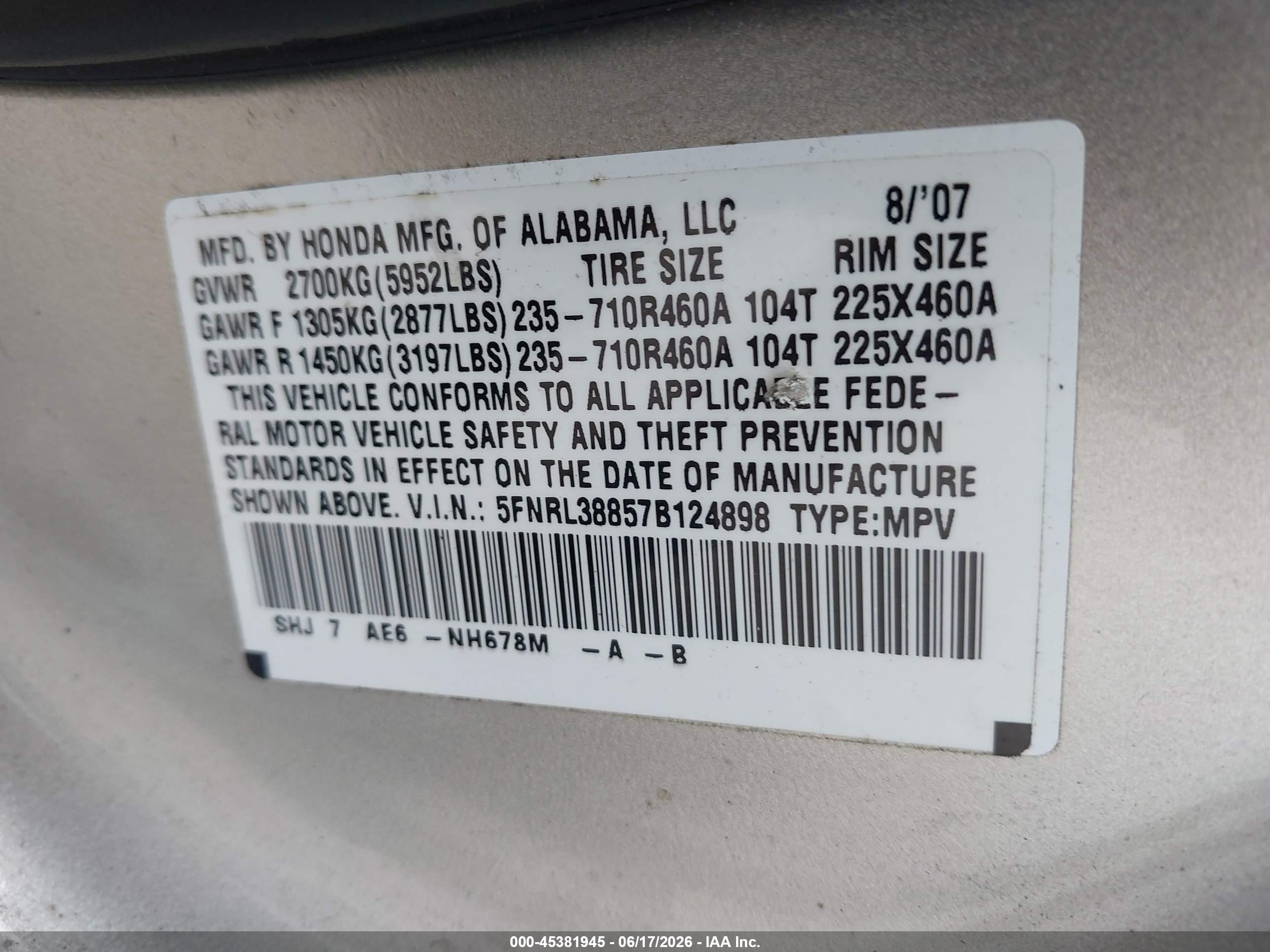 2007 Honda Odyssey Touring Silver vin: 5FNRL38857B124898