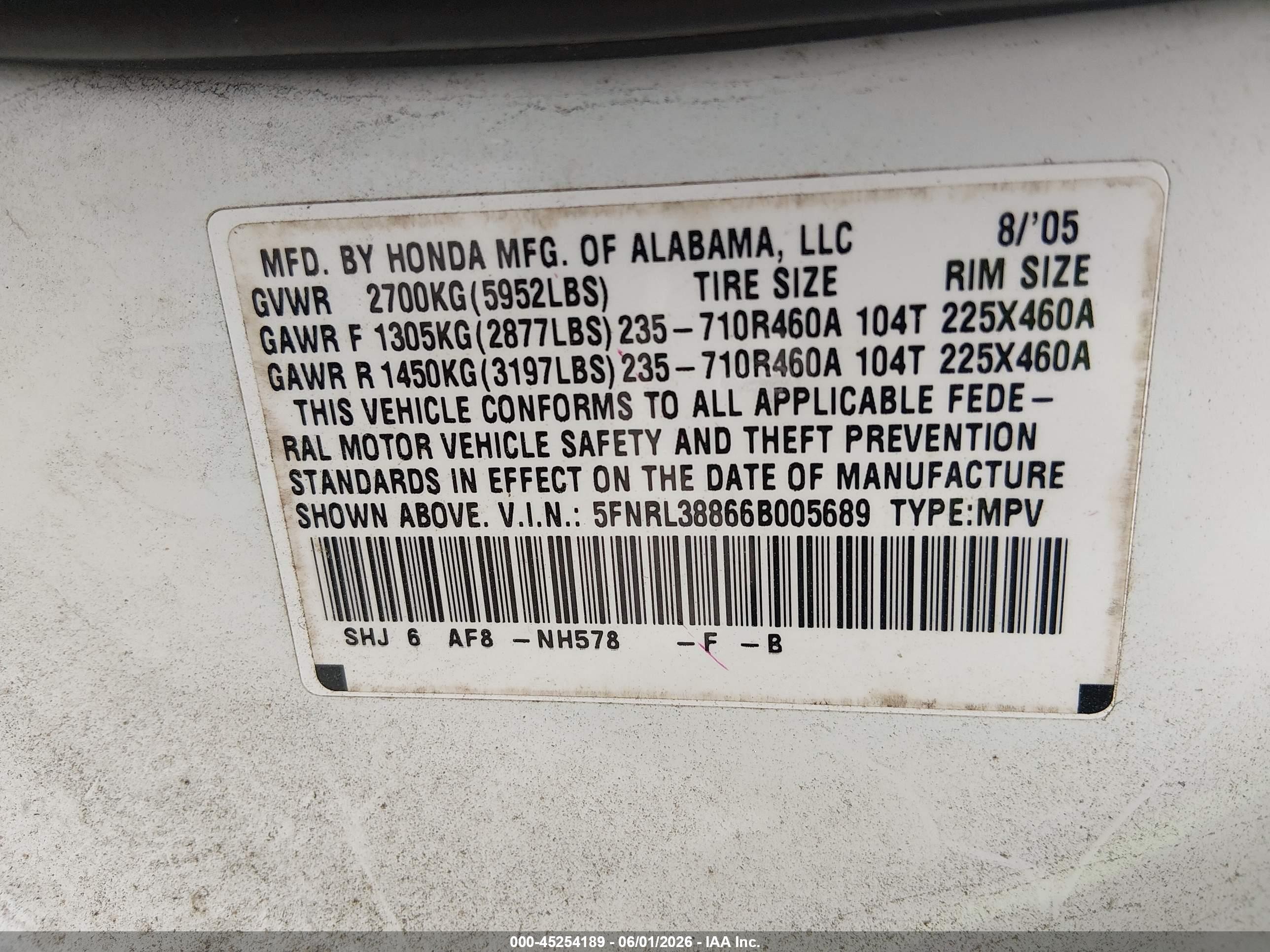 2006 Honda Odyssey Touring White vin: 5FNRL38866B005689