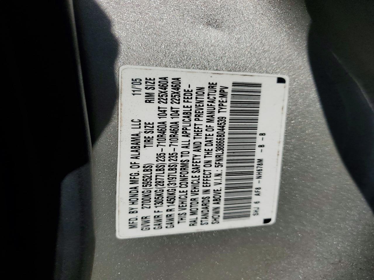 2006 Honda Odyssey Touring Gold vin: 5FNRL38866B044539