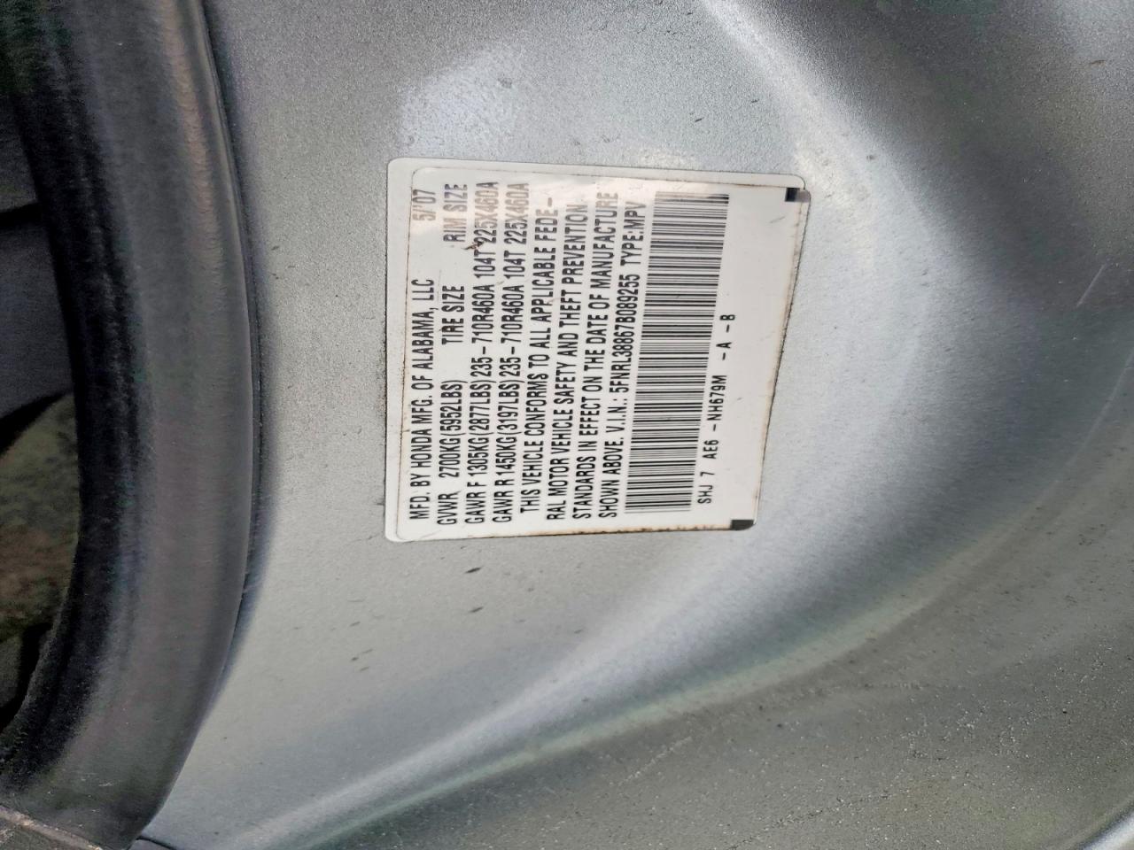 2007 Honda Odyssey Touring Silver vin: 5FNRL38867B089255