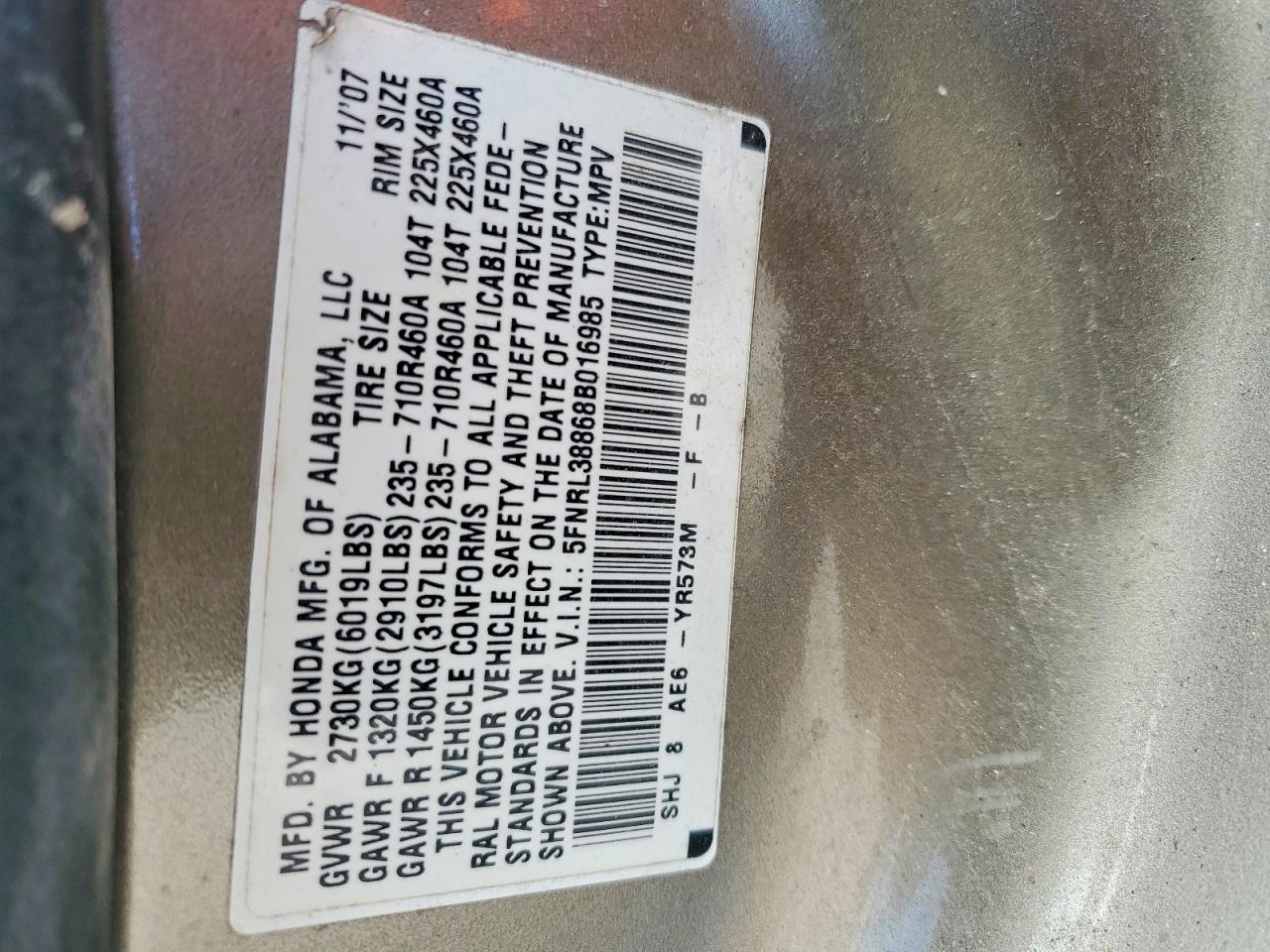 2008 Honda Odyssey Touring Beige vin: 5FNRL38868B016985