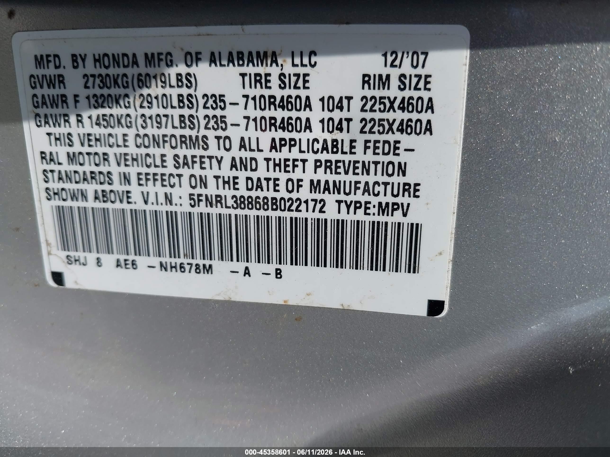 2008 Honda Odyssey Touring Silver vin: 5FNRL38868B022172