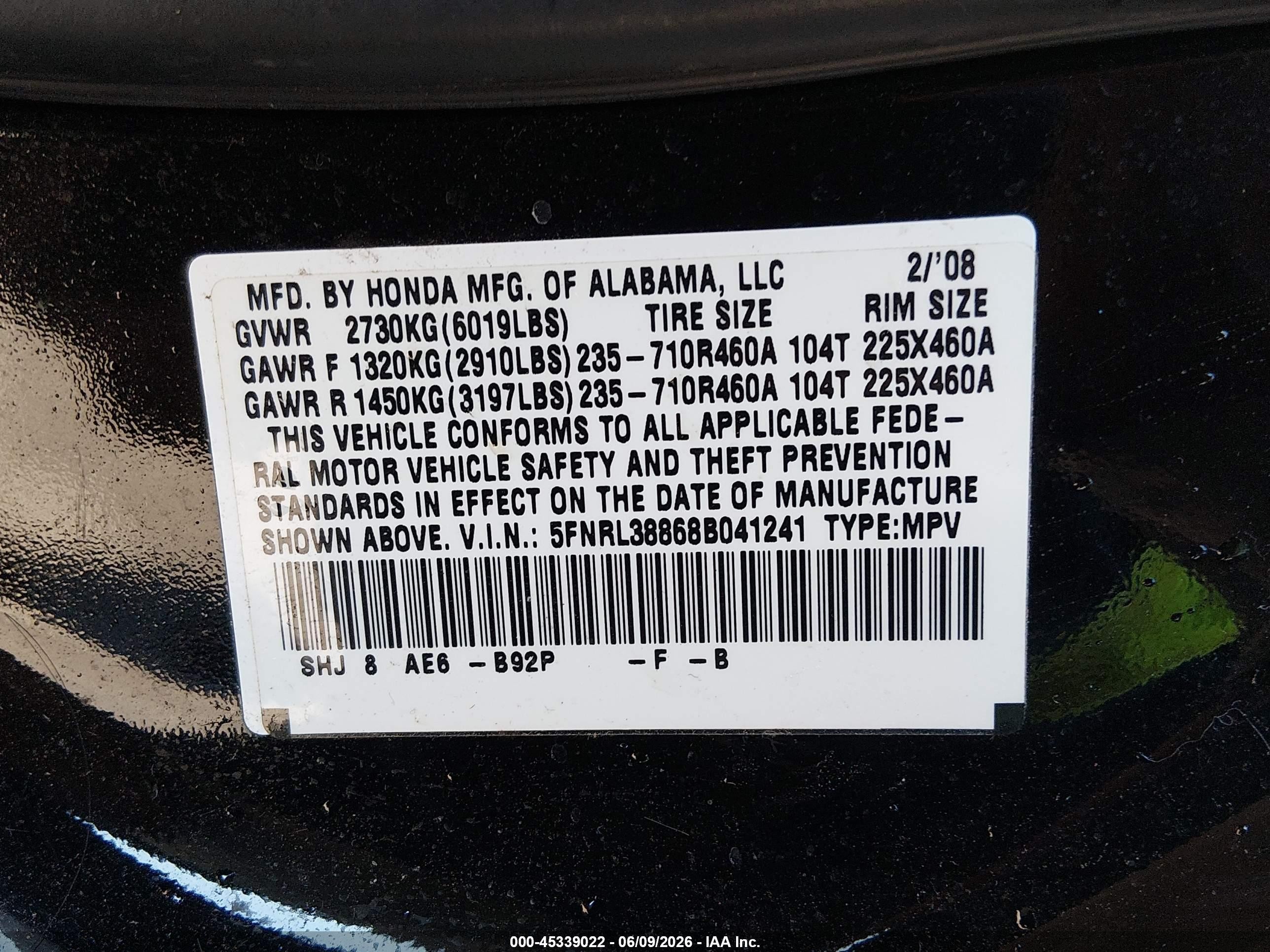 2008 Honda Odyssey Touring Black vin: 5FNRL38868B041241