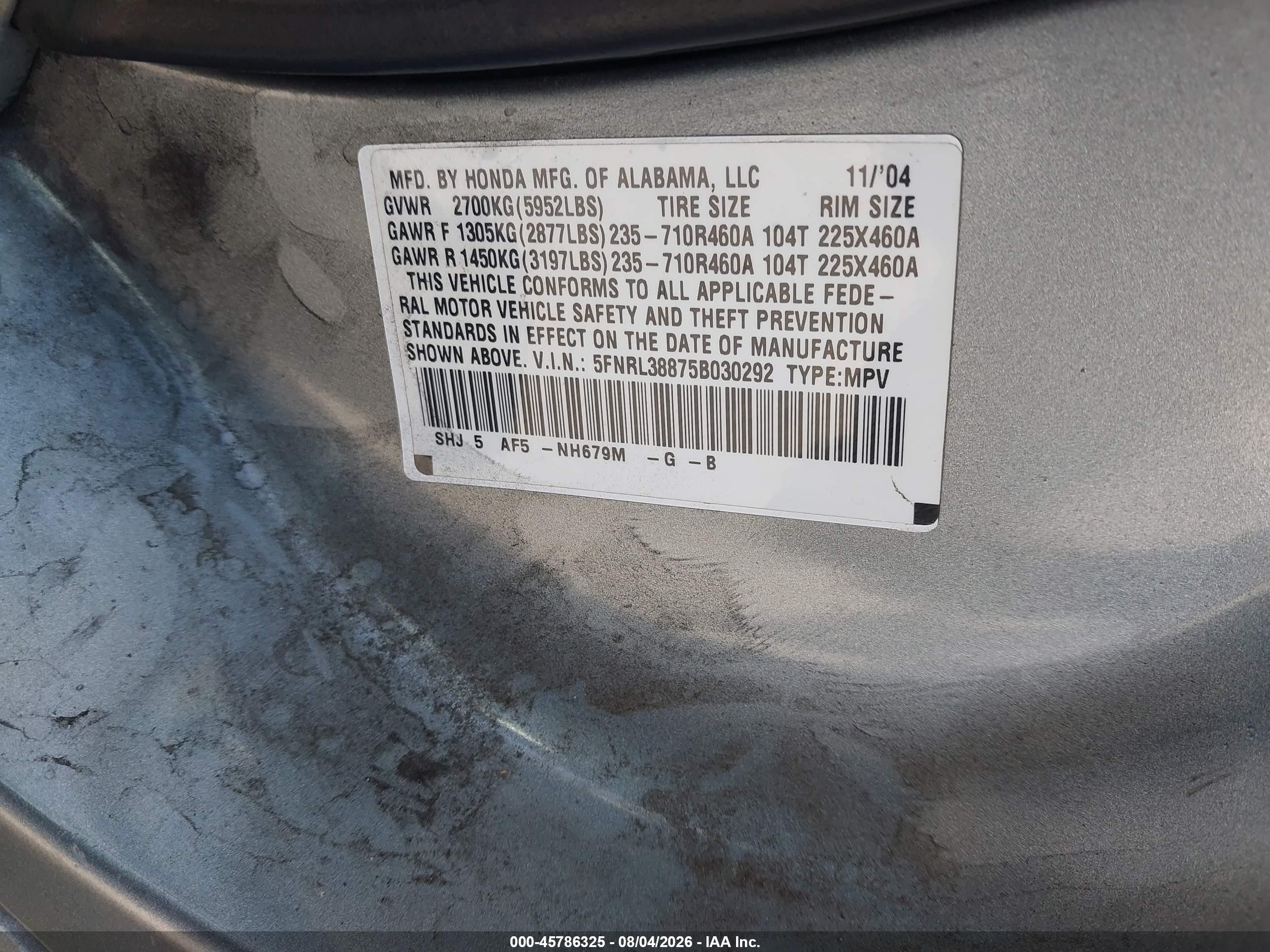 2005 Honda Odyssey Touring Gray vin: 5FNRL38875B030292