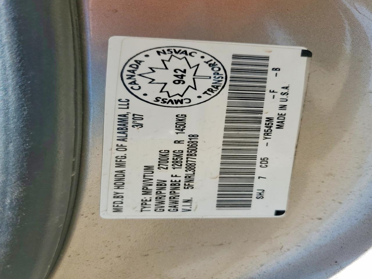 2007 Honda Odyssey Touring Silver vin: 5FNRL38877B506818
