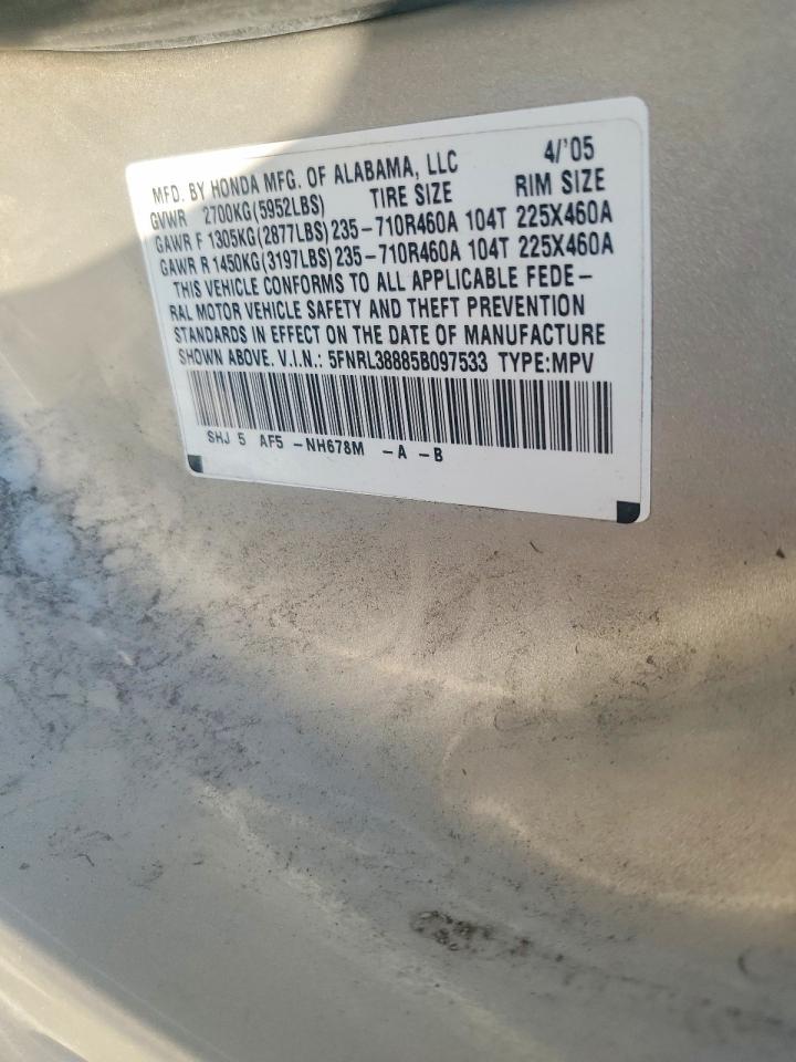 2005 Honda Odyssey Touring Silver vin: 5FNRL38885B097533