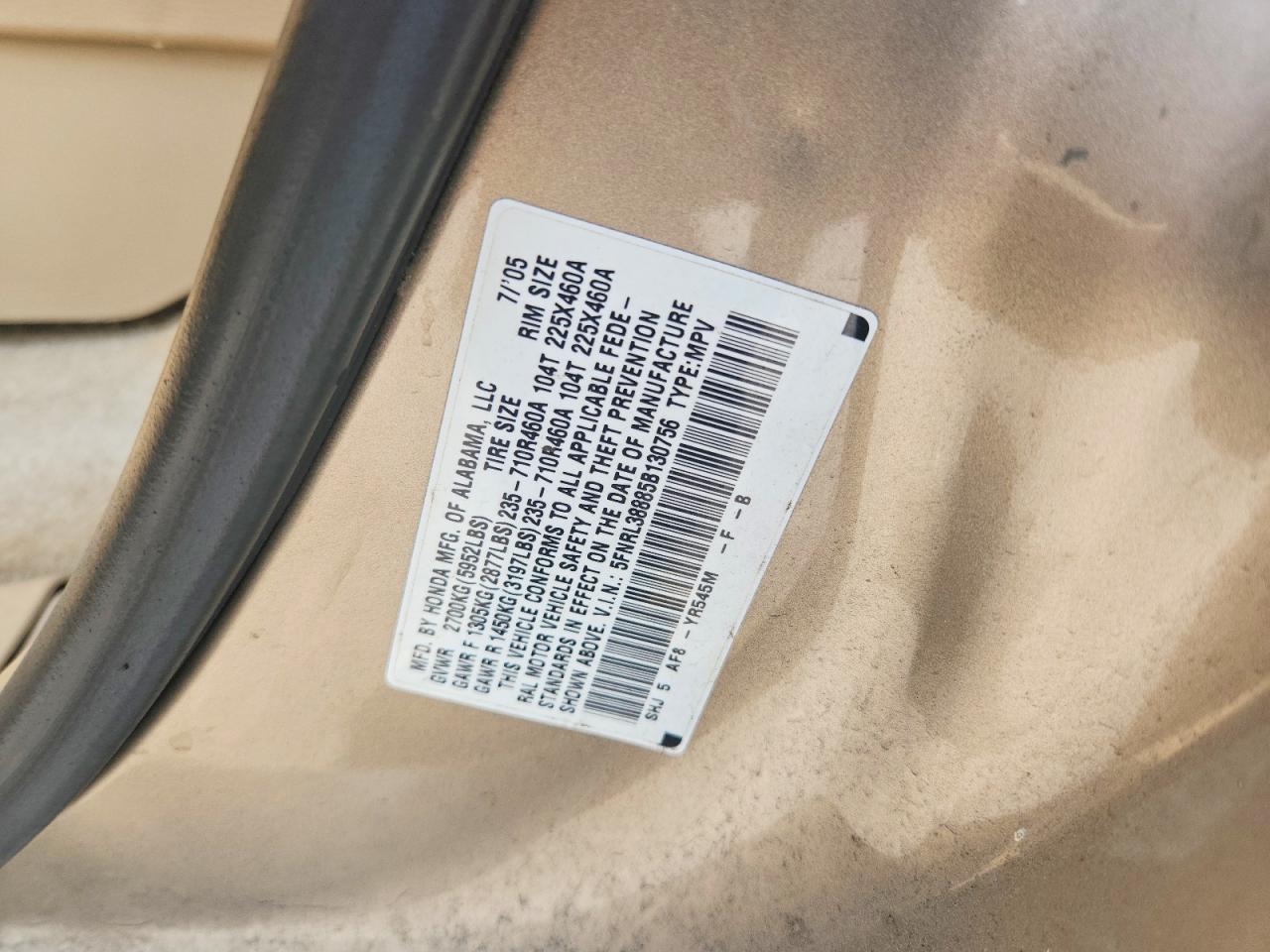 2005 Honda Odyssey Touring Beige vin: 5FNRL38885B130756