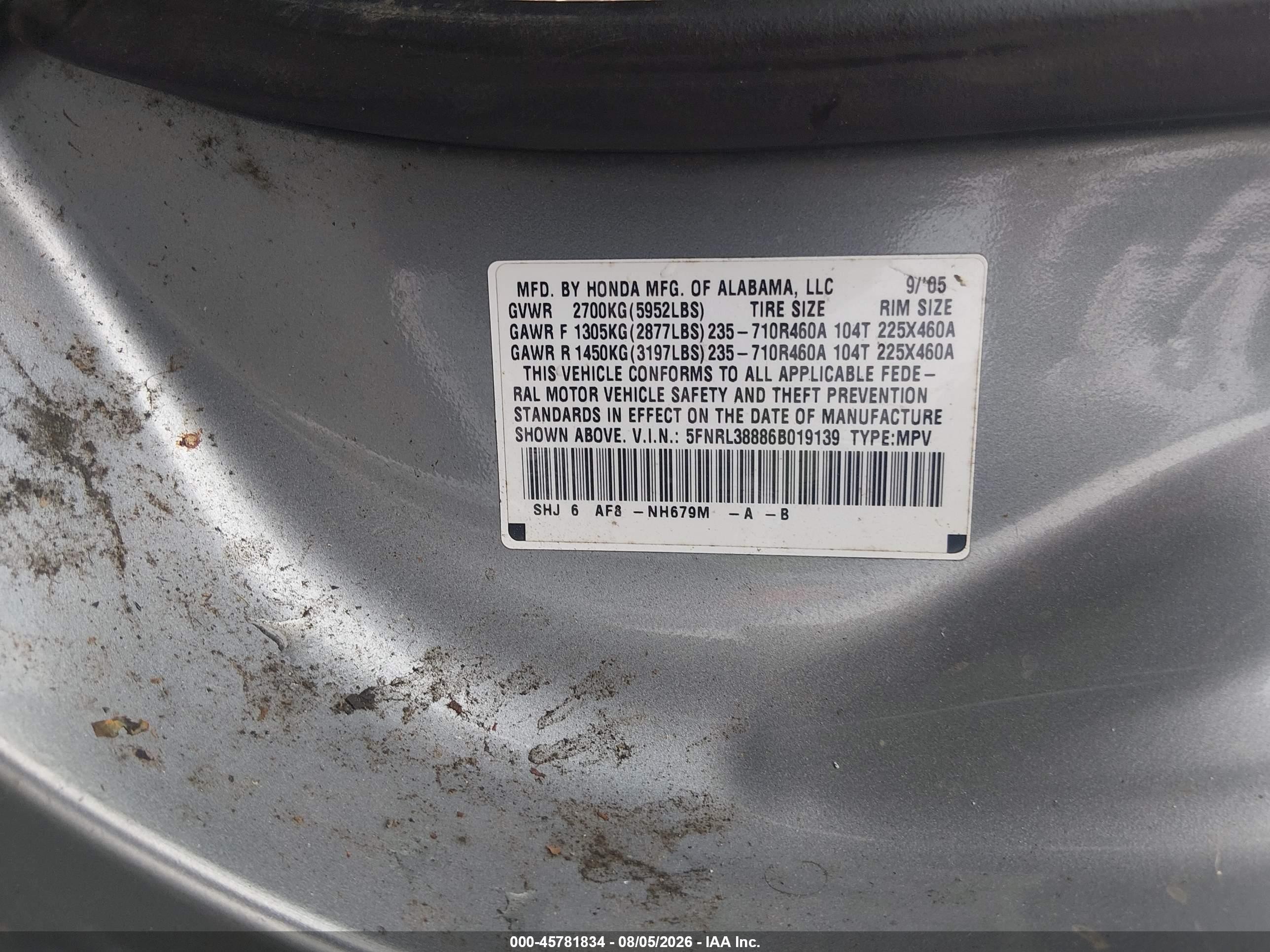 2006 Honda Odyssey Touring Blue vin: 5FNRL38886B019139