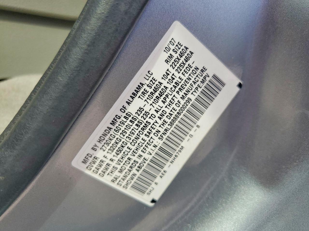 2008 Honda Odyssey Touring Silver vin: 5FNRL38888B000299