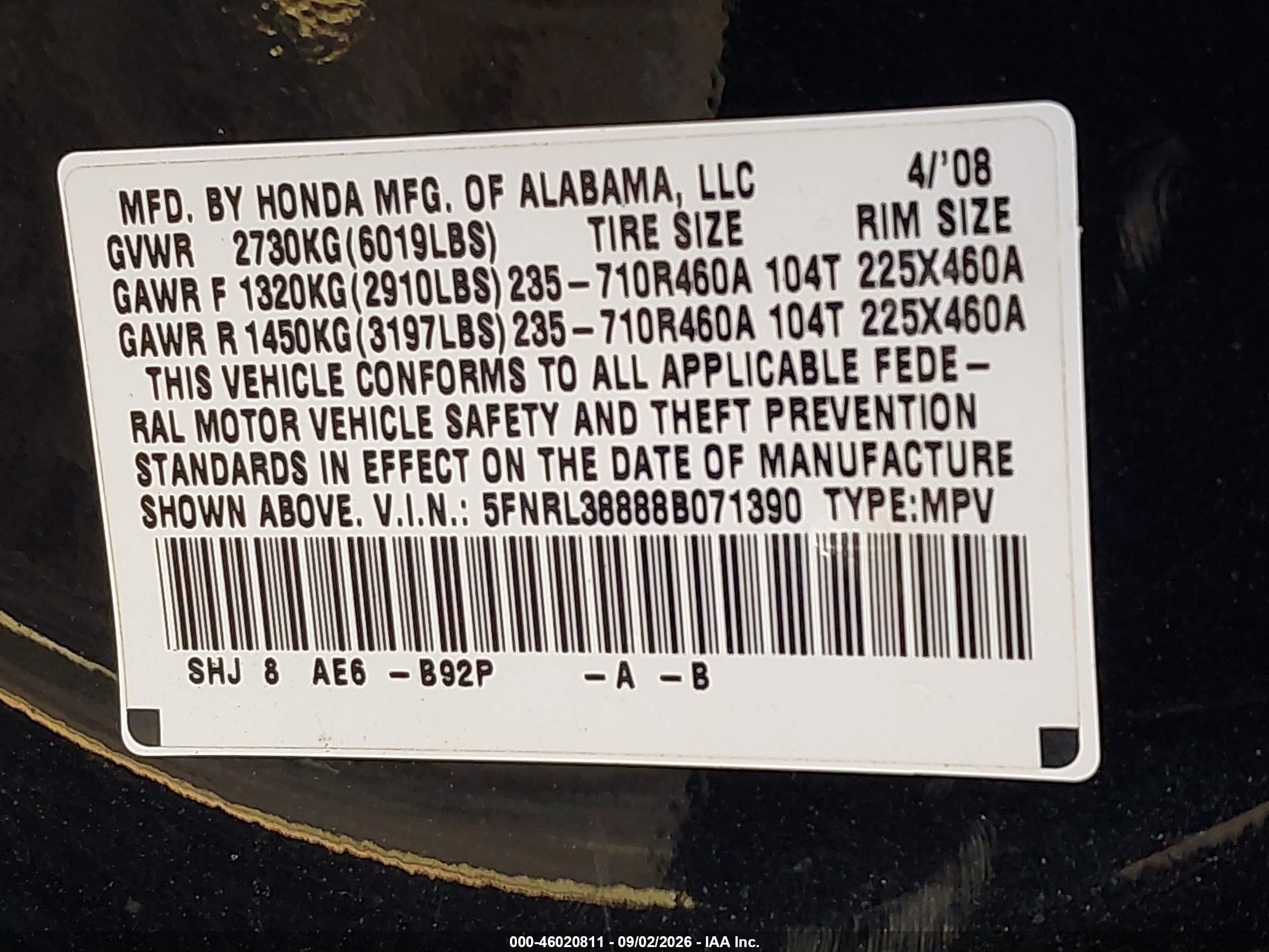 2008 Honda Odyssey Touring Black vin: 5FNRL38888B071390
