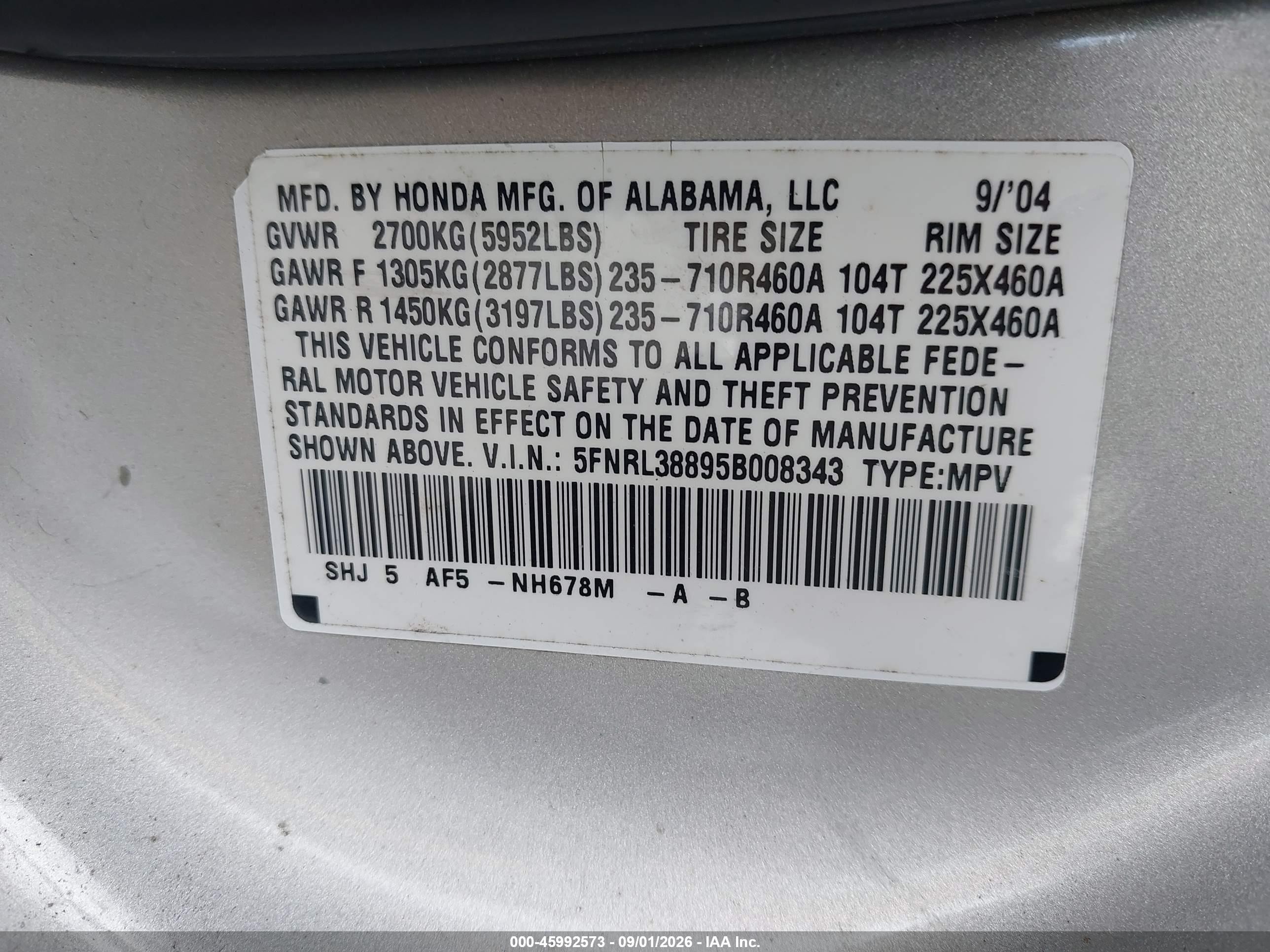 2005 Honda Odyssey Touring Silver vin: 5FNRL38895B008343