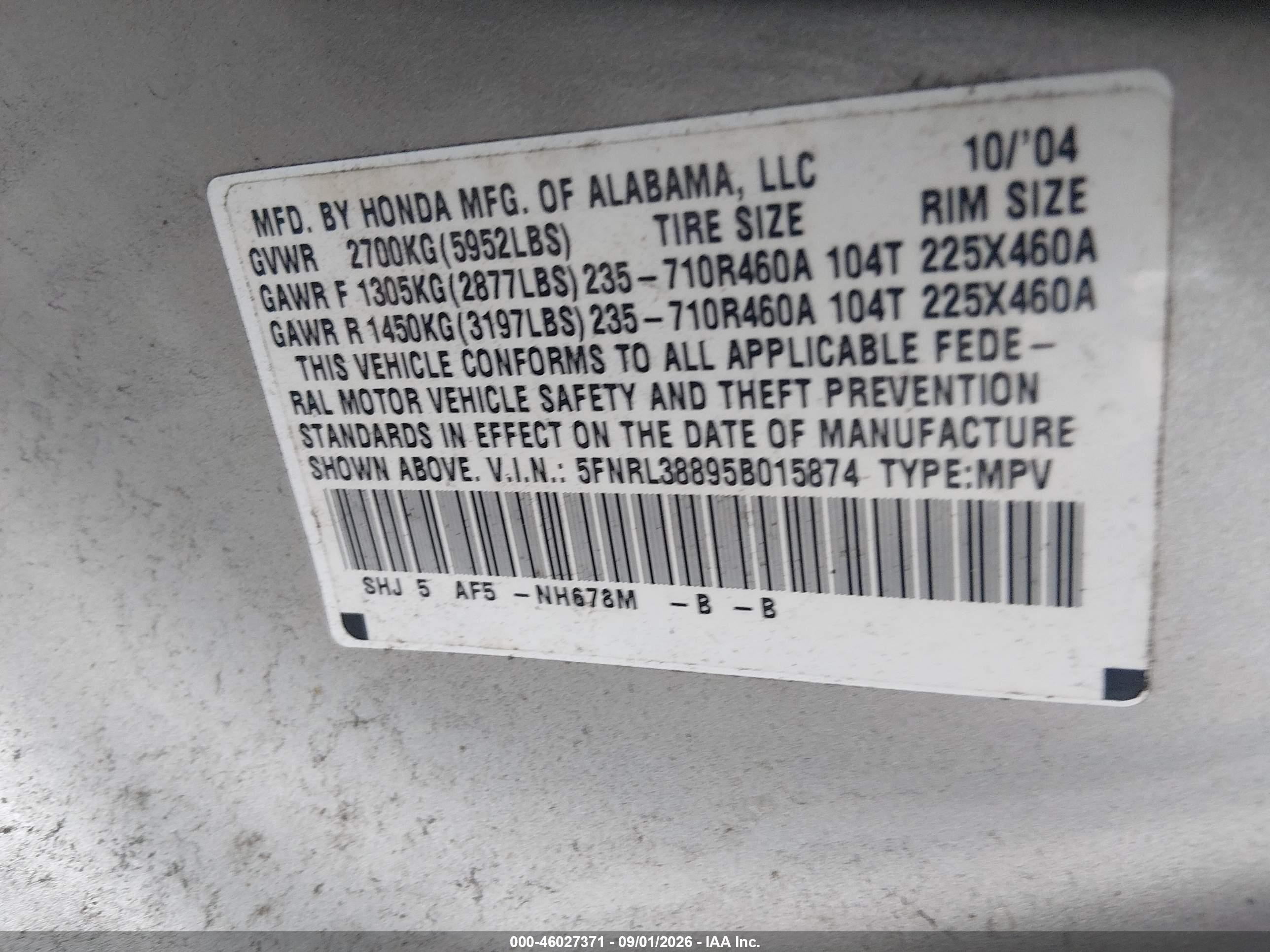 2005 Honda Odyssey Touring Silver vin: 5FNRL38895B015874