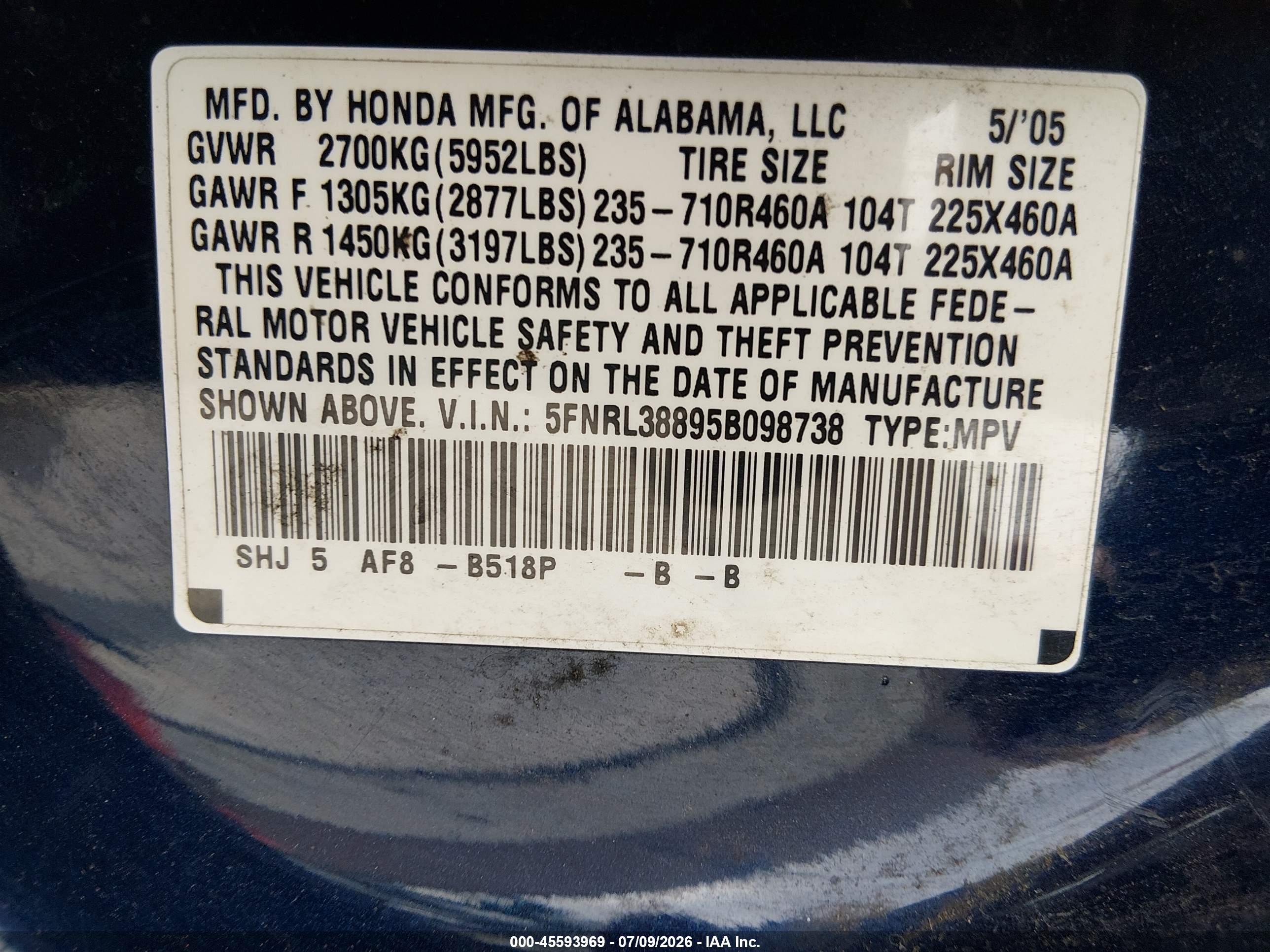 2005 Honda Odyssey Touring Синий vin: 5FNRL38895B098738