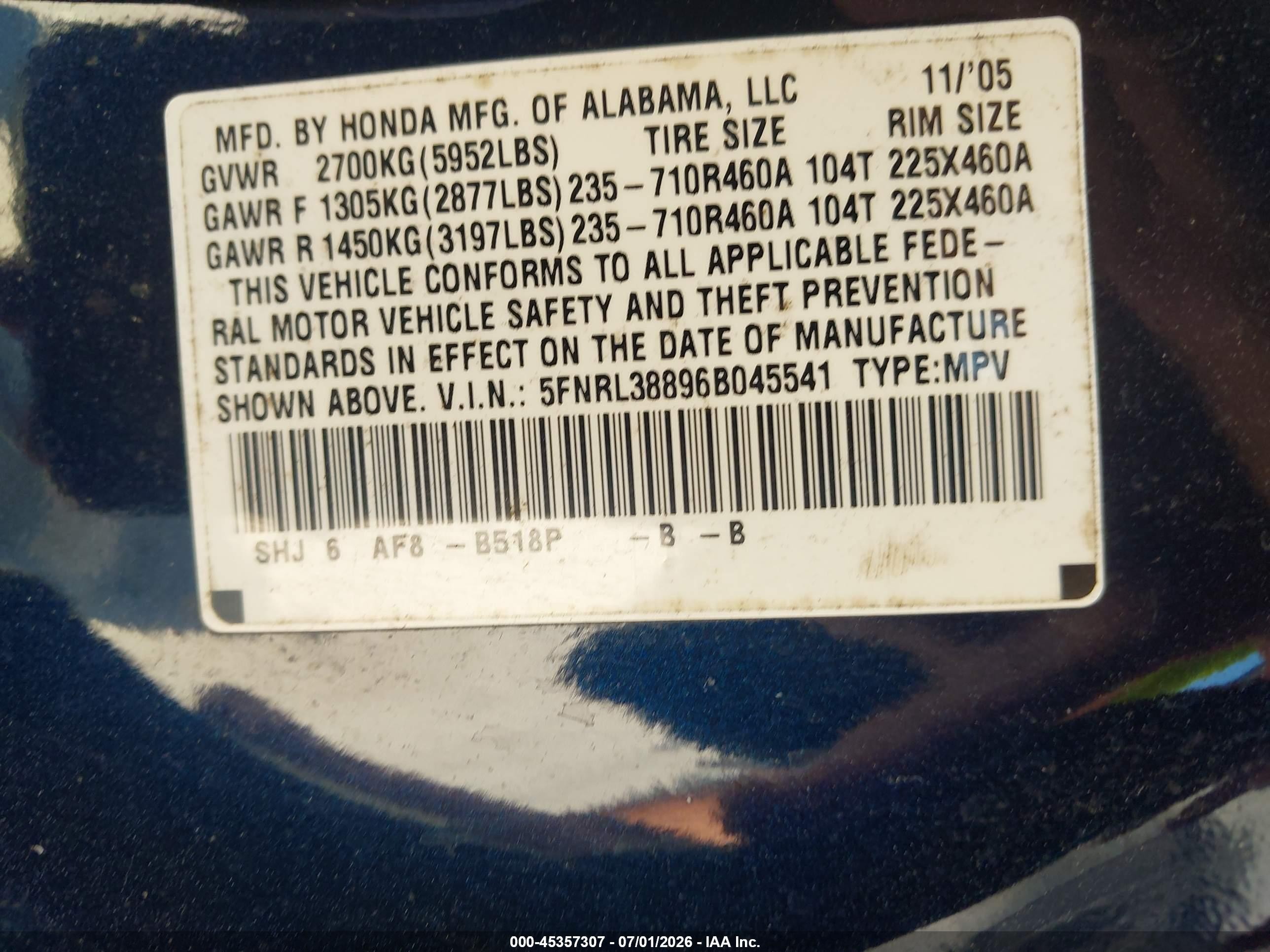 2006 Honda Odyssey Touring Blue vin: 5FNRL38896B045541