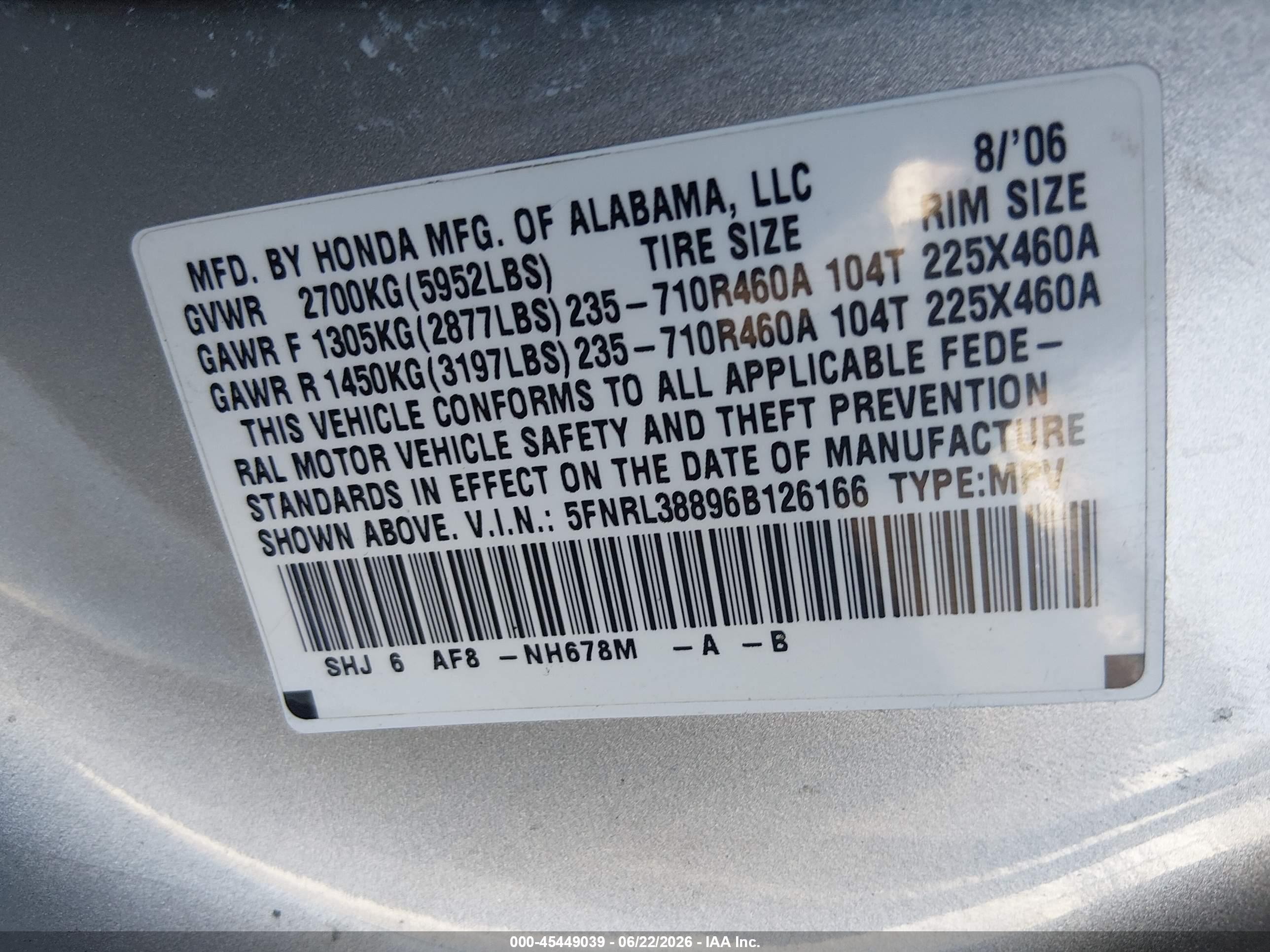 2006 Honda Odyssey Touring Silver vin: 5FNRL38896B126166