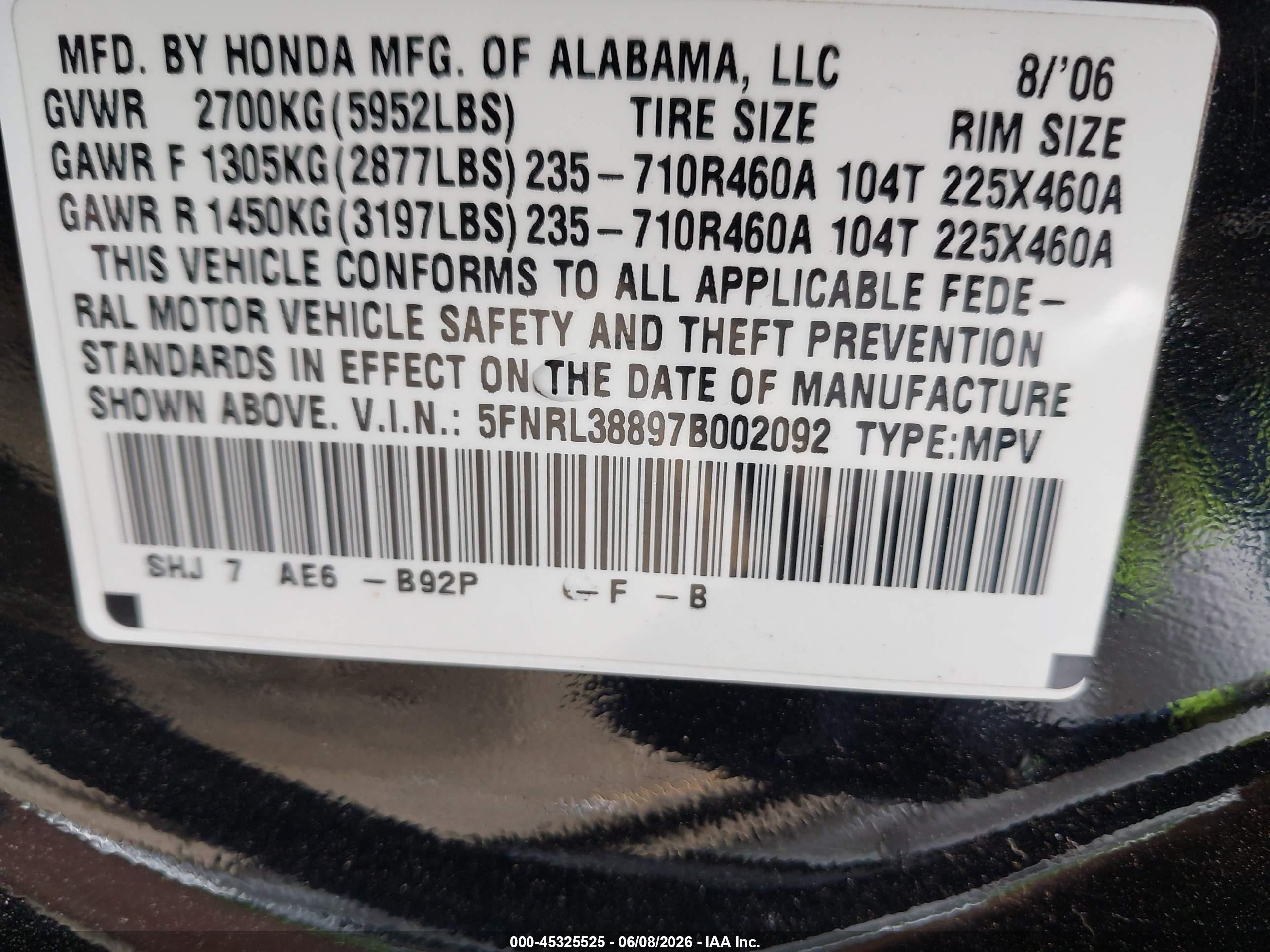 2007 Honda Odyssey Touring Black vin: 5FNRL38897B002092