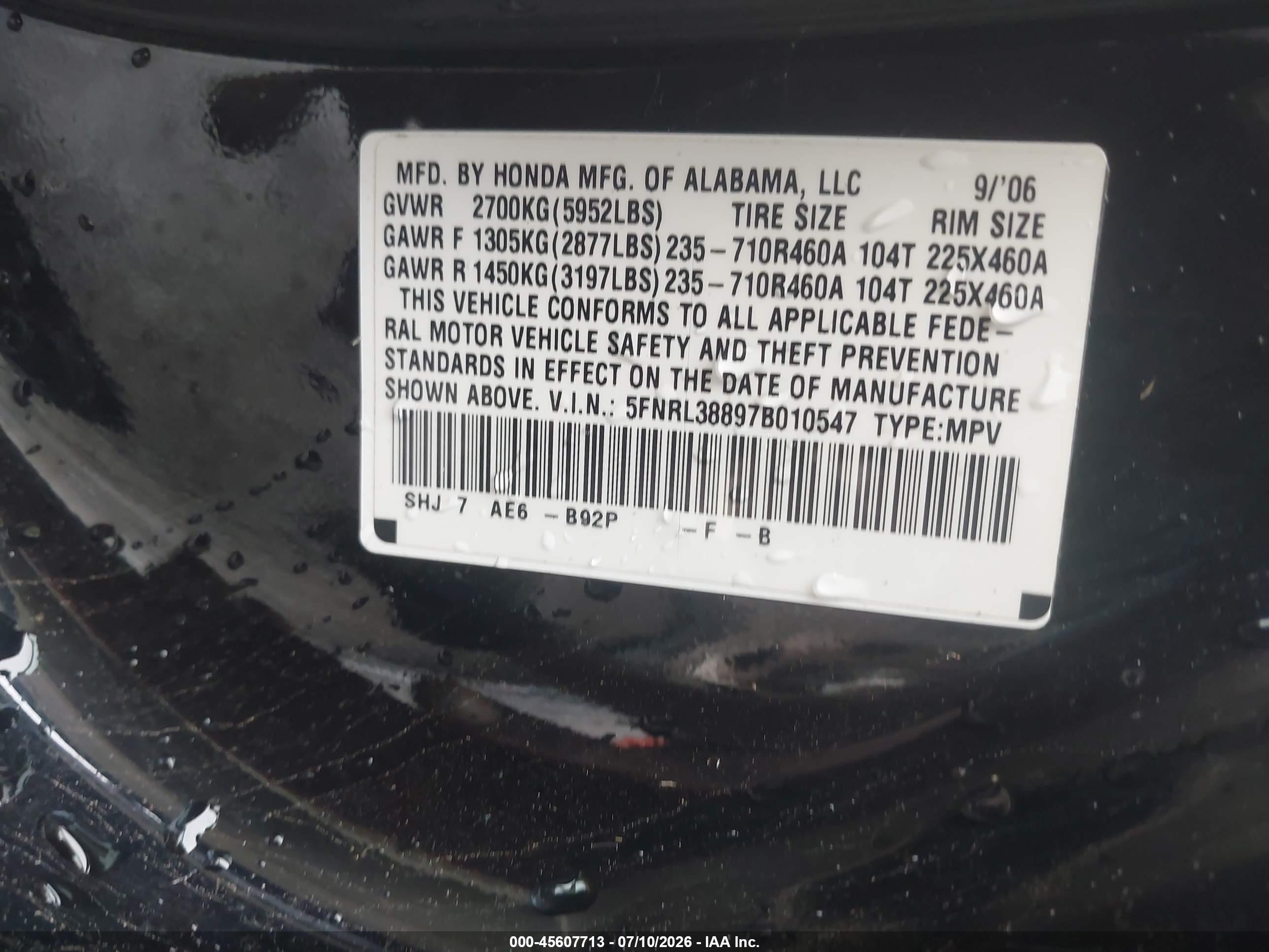 2007 Honda Odyssey Touring Black vin: 5FNRL38897B010547