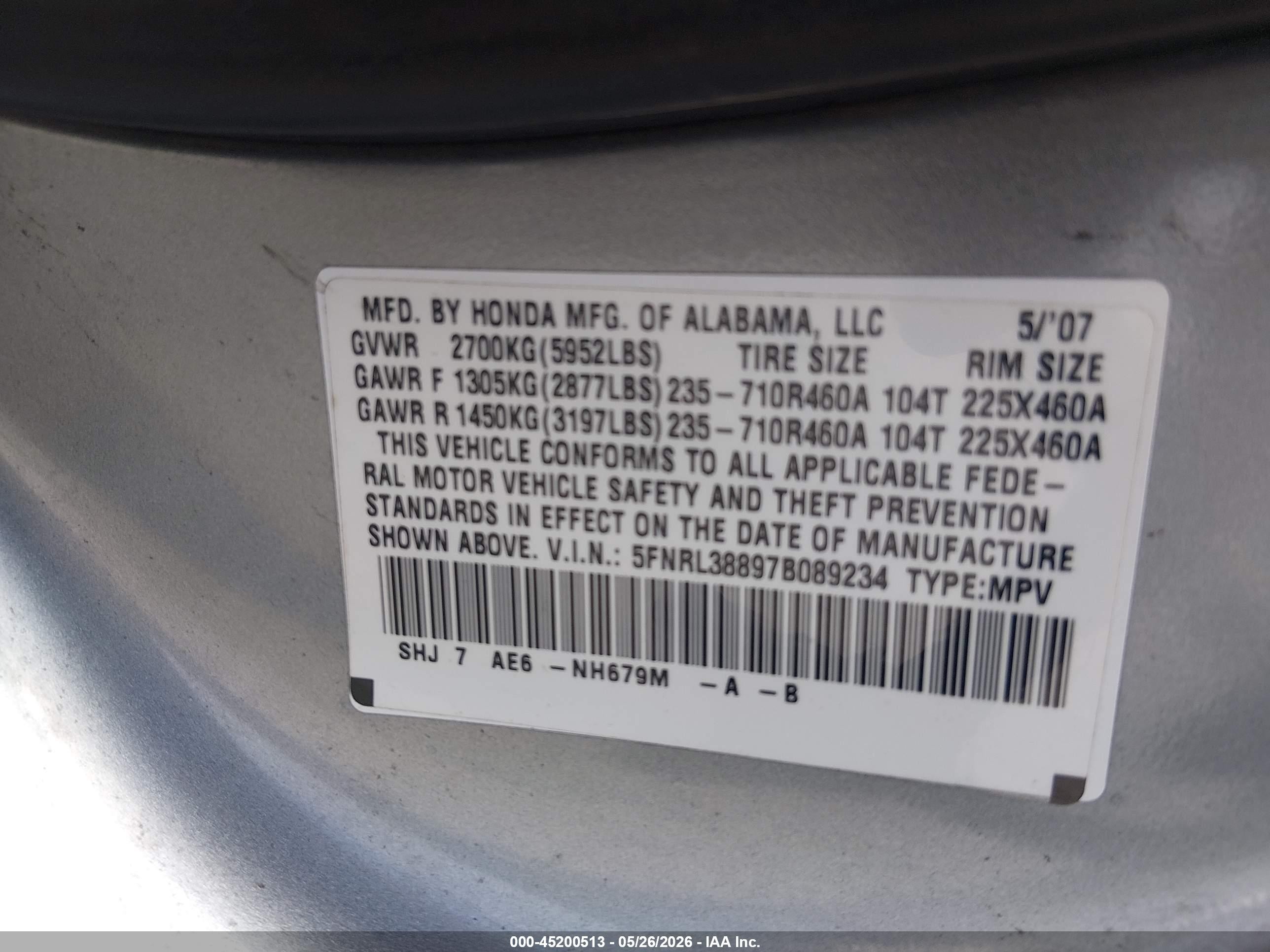 2007 Honda Odyssey Touring Silver vin: 5FNRL38897B089234