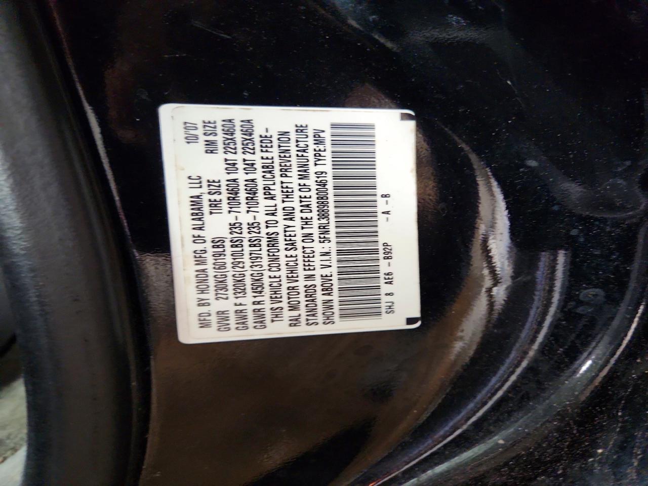 2008 Honda Odyssey Touring Black vin: 5FNRL38898B004619