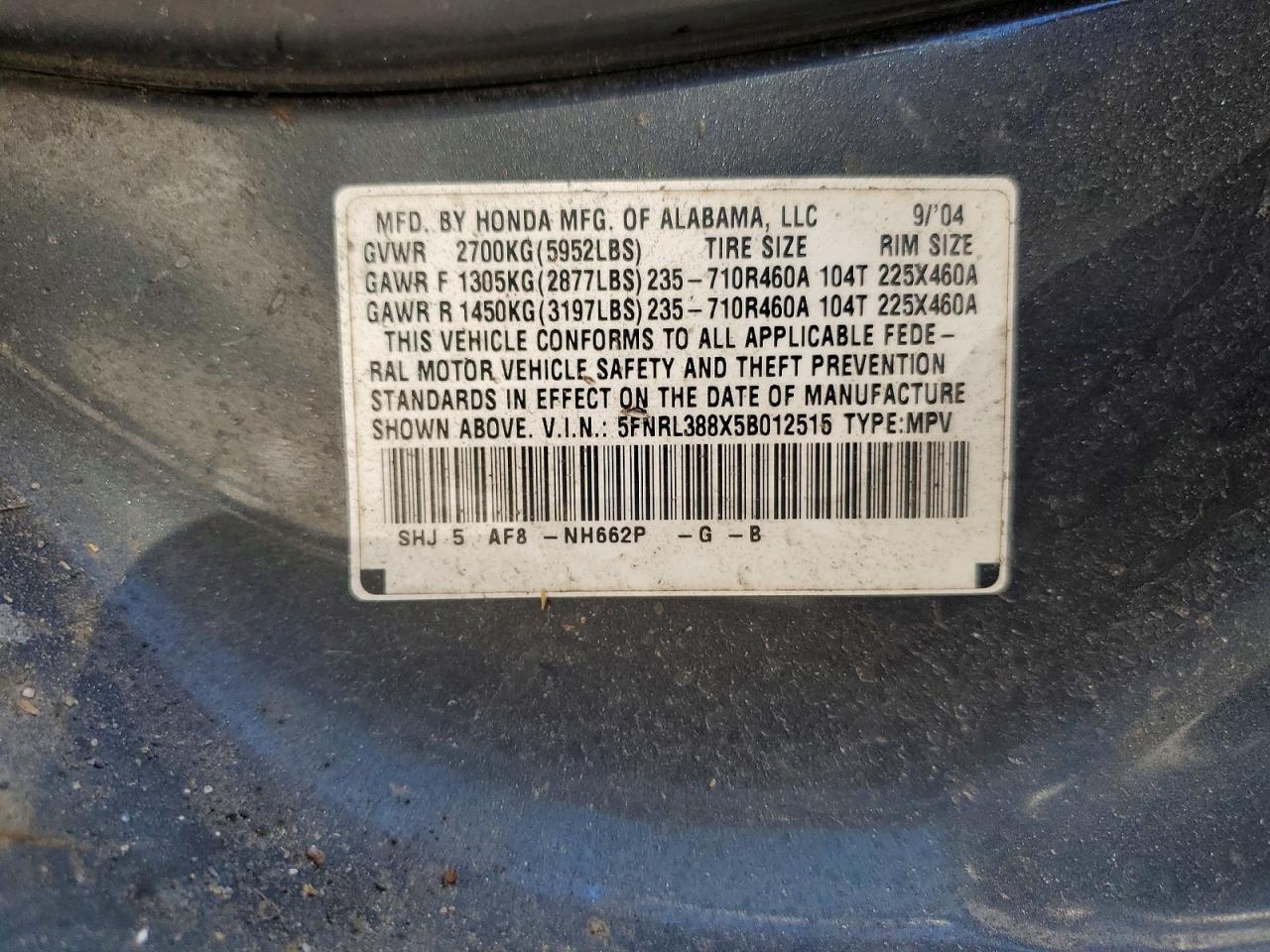 2005 Honda Odyssey Touring Gray vin: 5FNRL388X5B012515