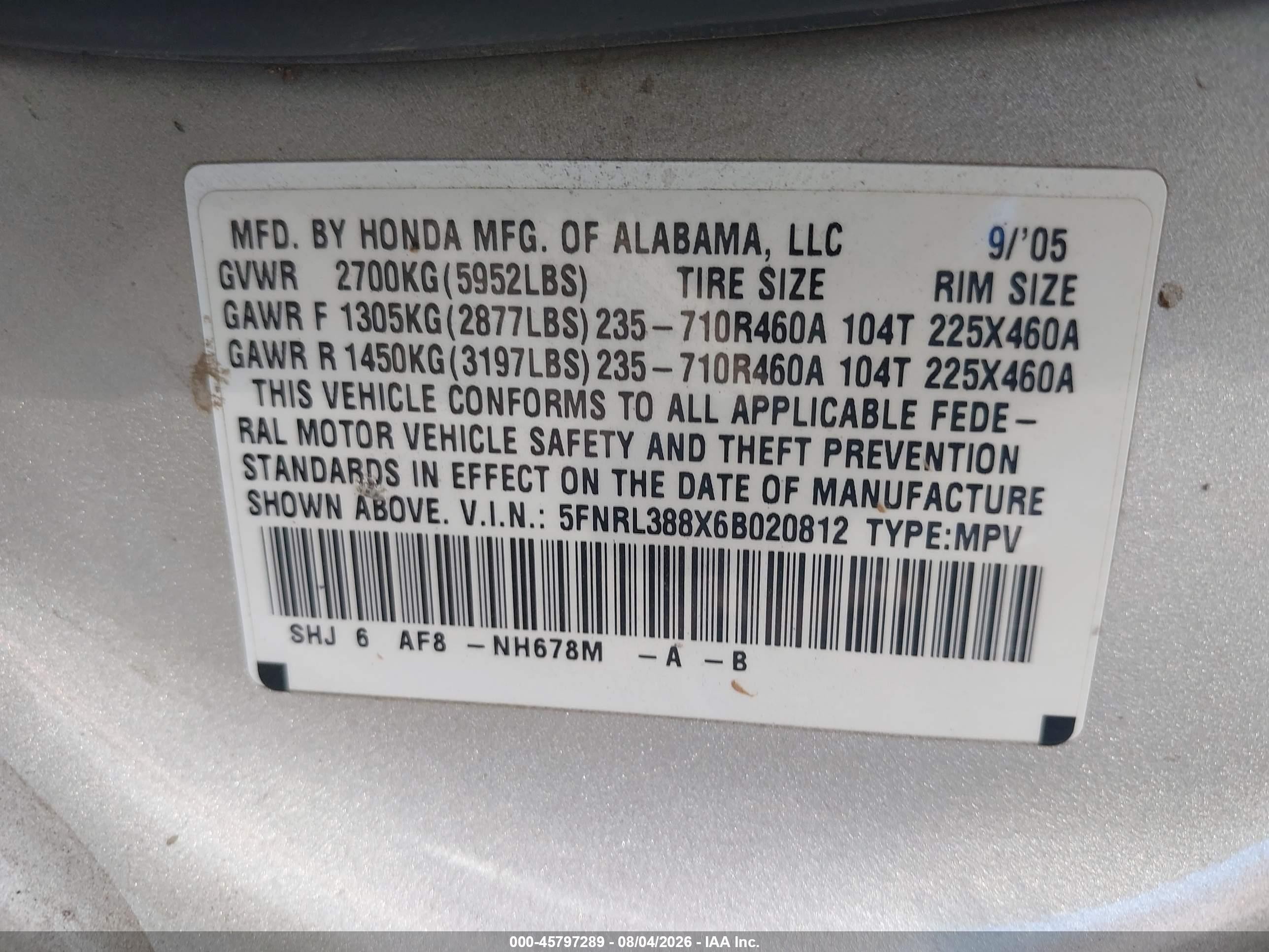2006 Honda Odyssey Touring Silver vin: 5FNRL388X6B020812