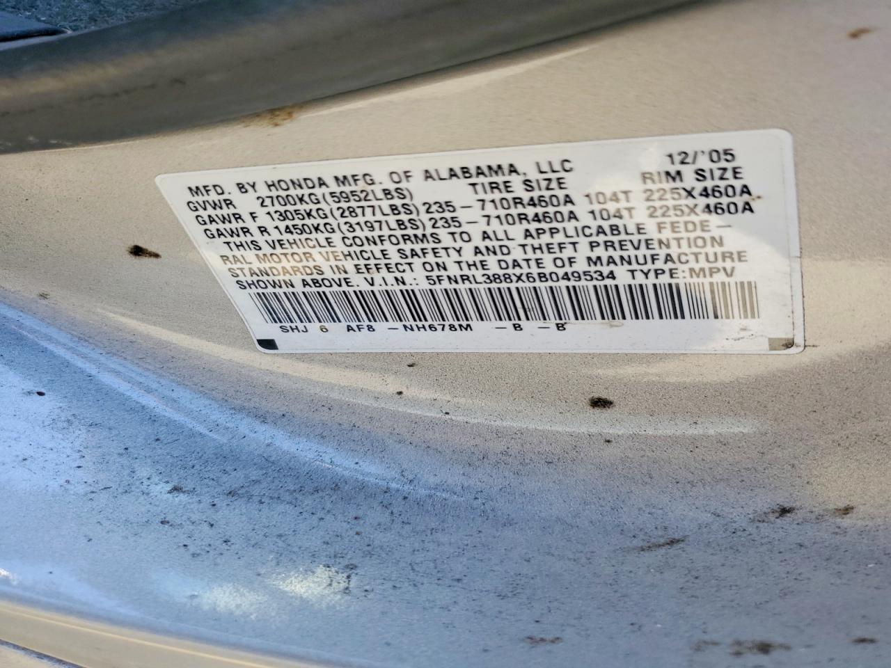 2006 Honda Odyssey Touring Gray vin: 5FNRL388X6B049534