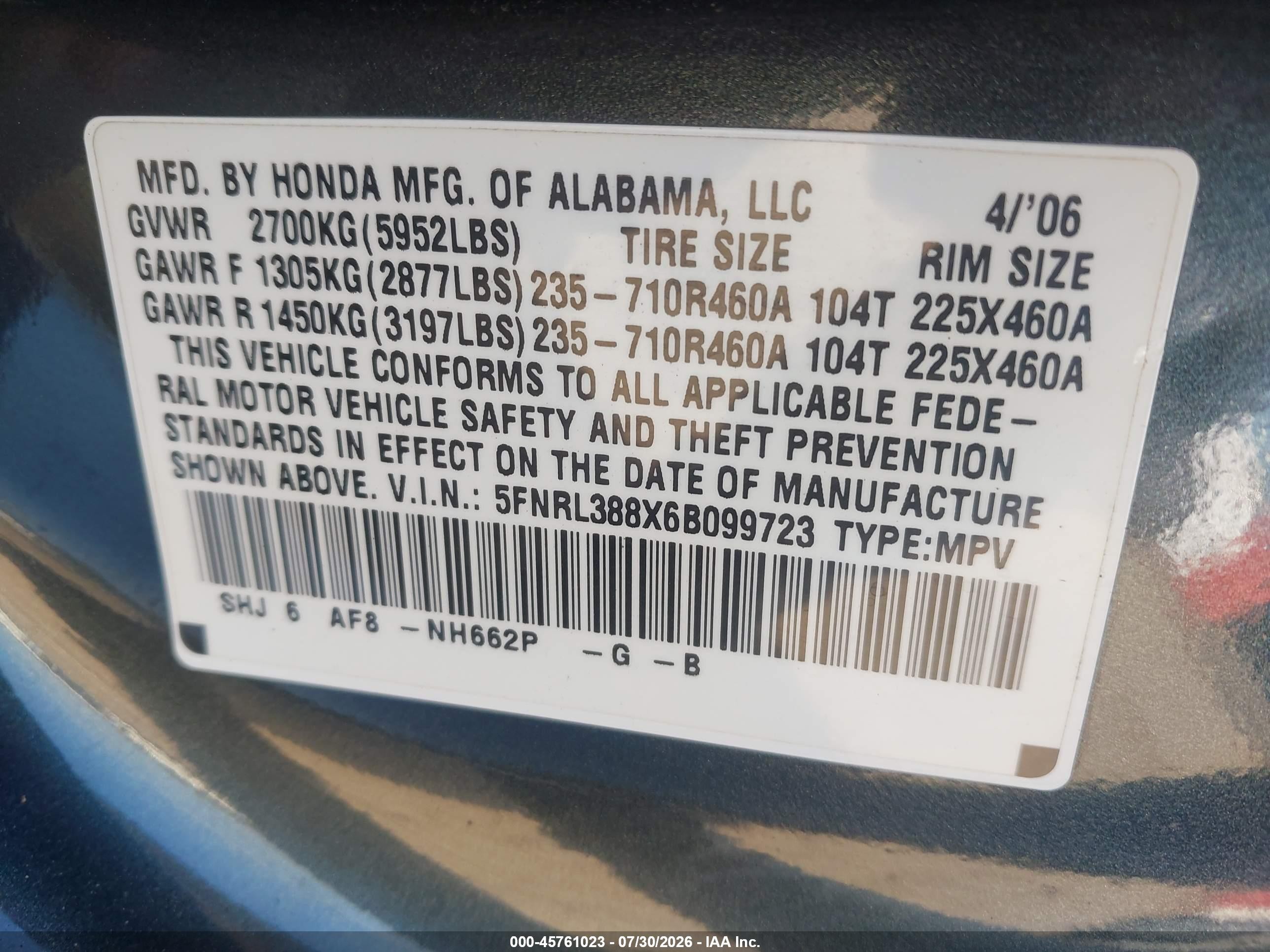 2006 Honda Odyssey Touring Gray vin: 5FNRL388X6B099723