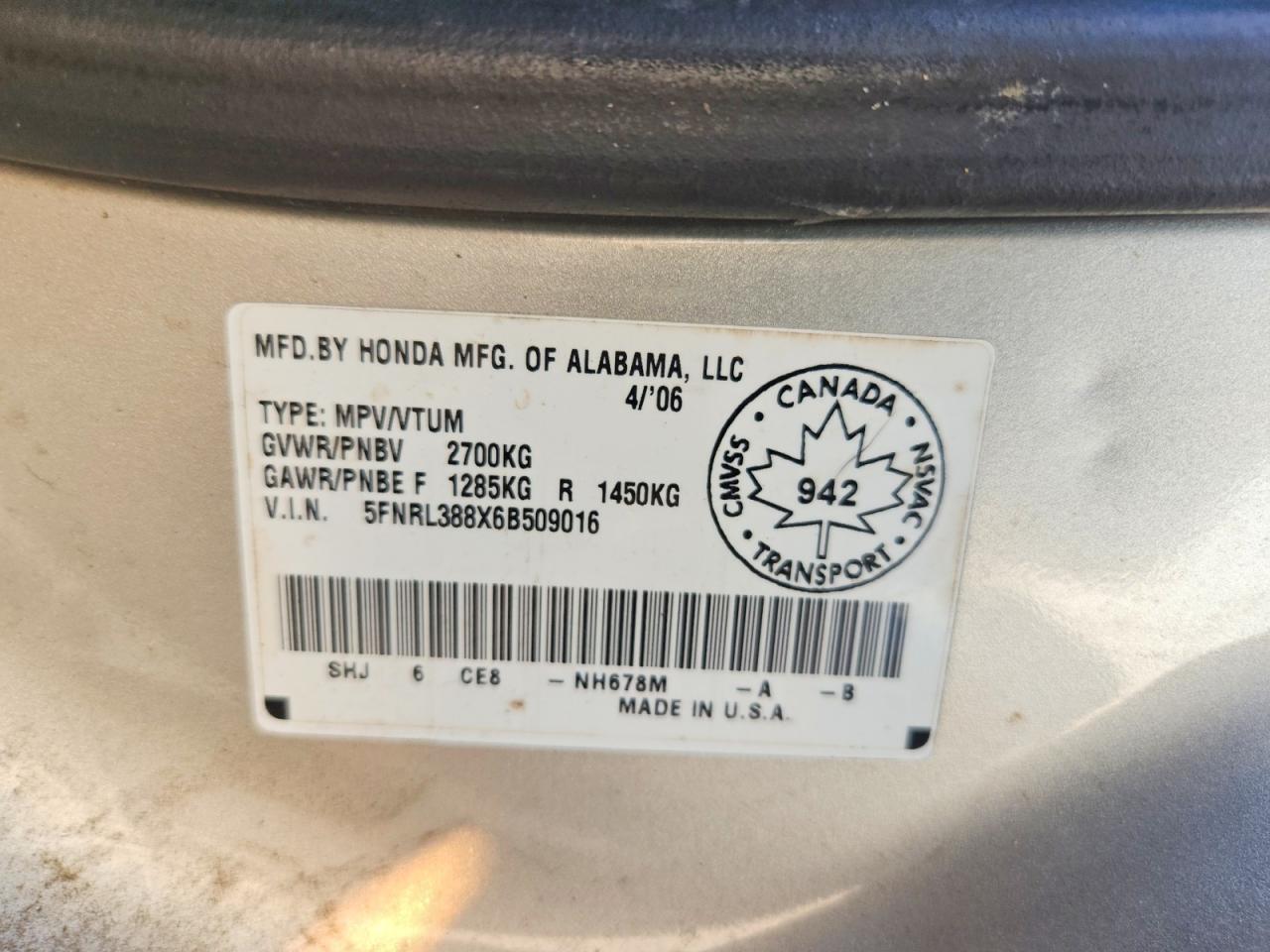2006 Honda Odyssey Touring Silver vin: 5FNRL388X6B509016