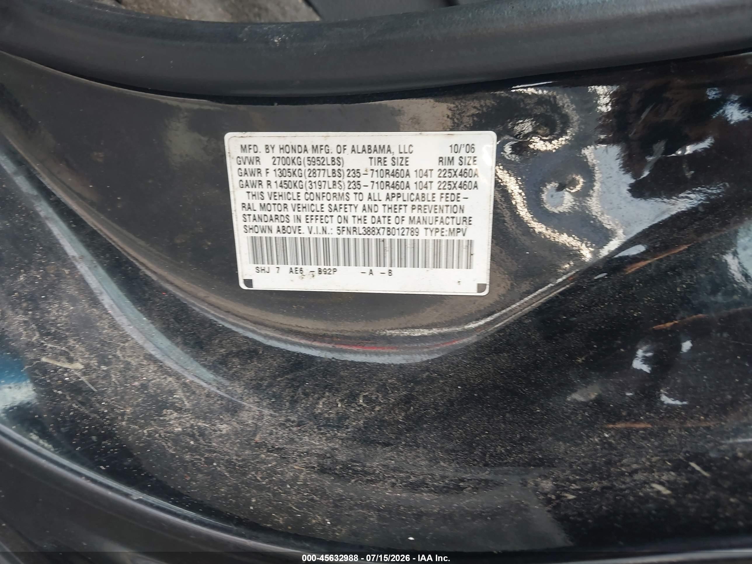 2007 Honda Odyssey Touring Black vin: 5FNRL388X7B012789
