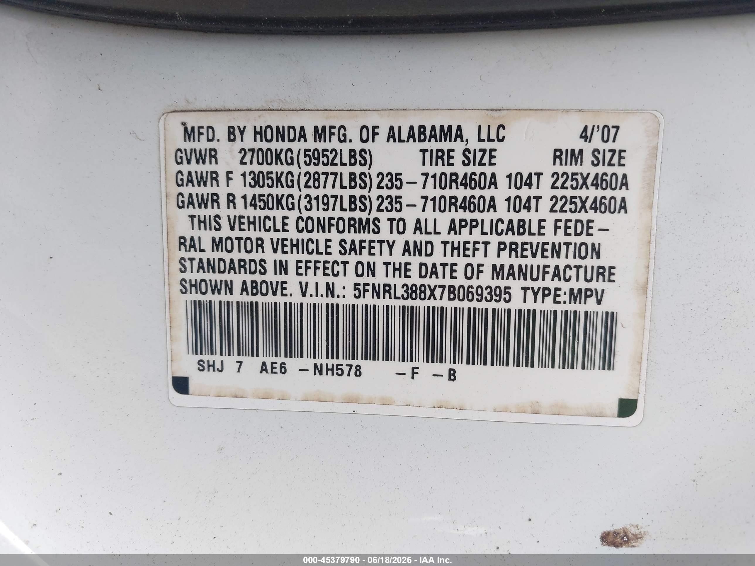 2007 Honda Odyssey Touring White vin: 5FNRL388X7B069395