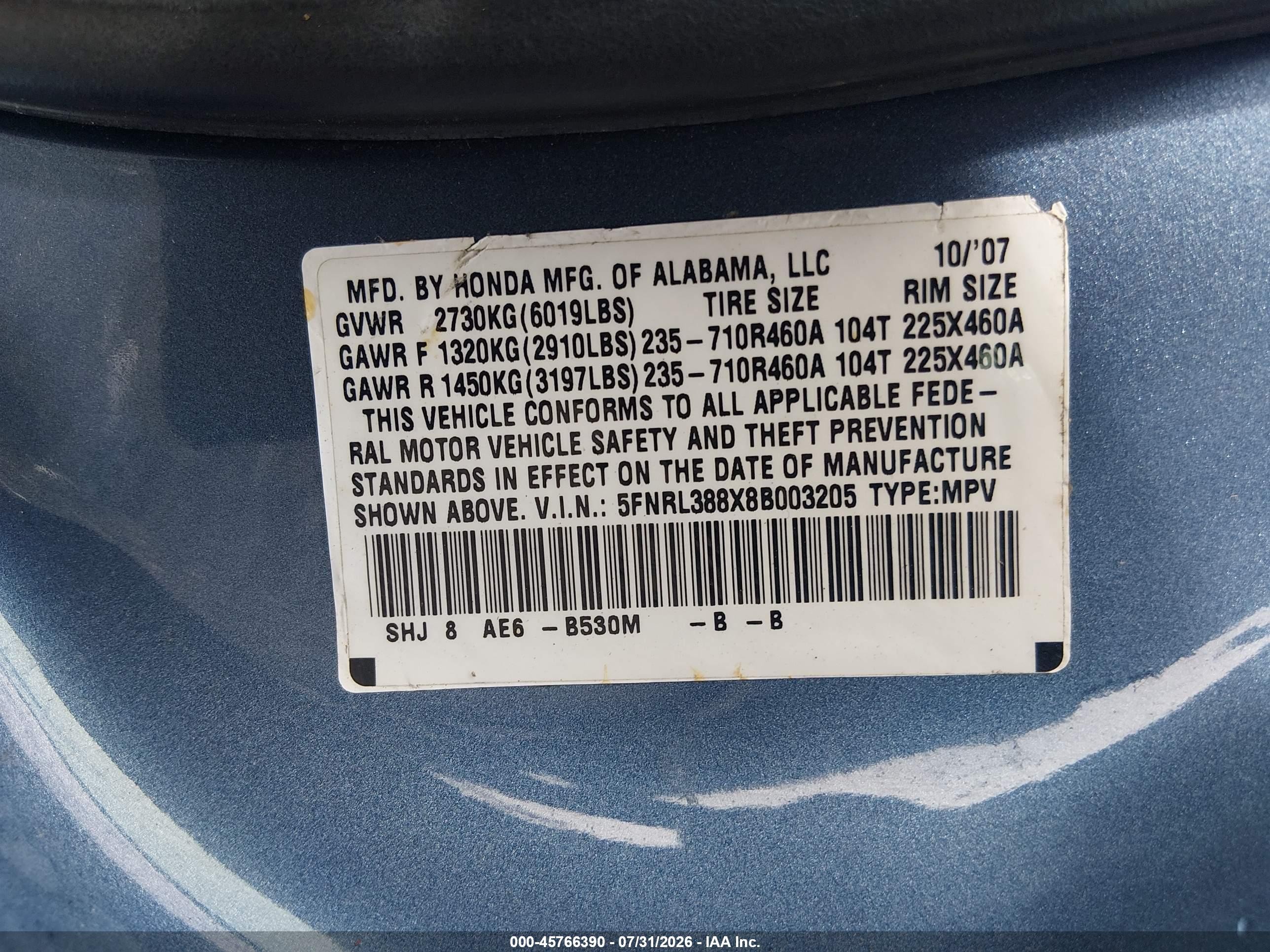 2008 Honda Odyssey Touring Blue vin: 5FNRL388X8B003205