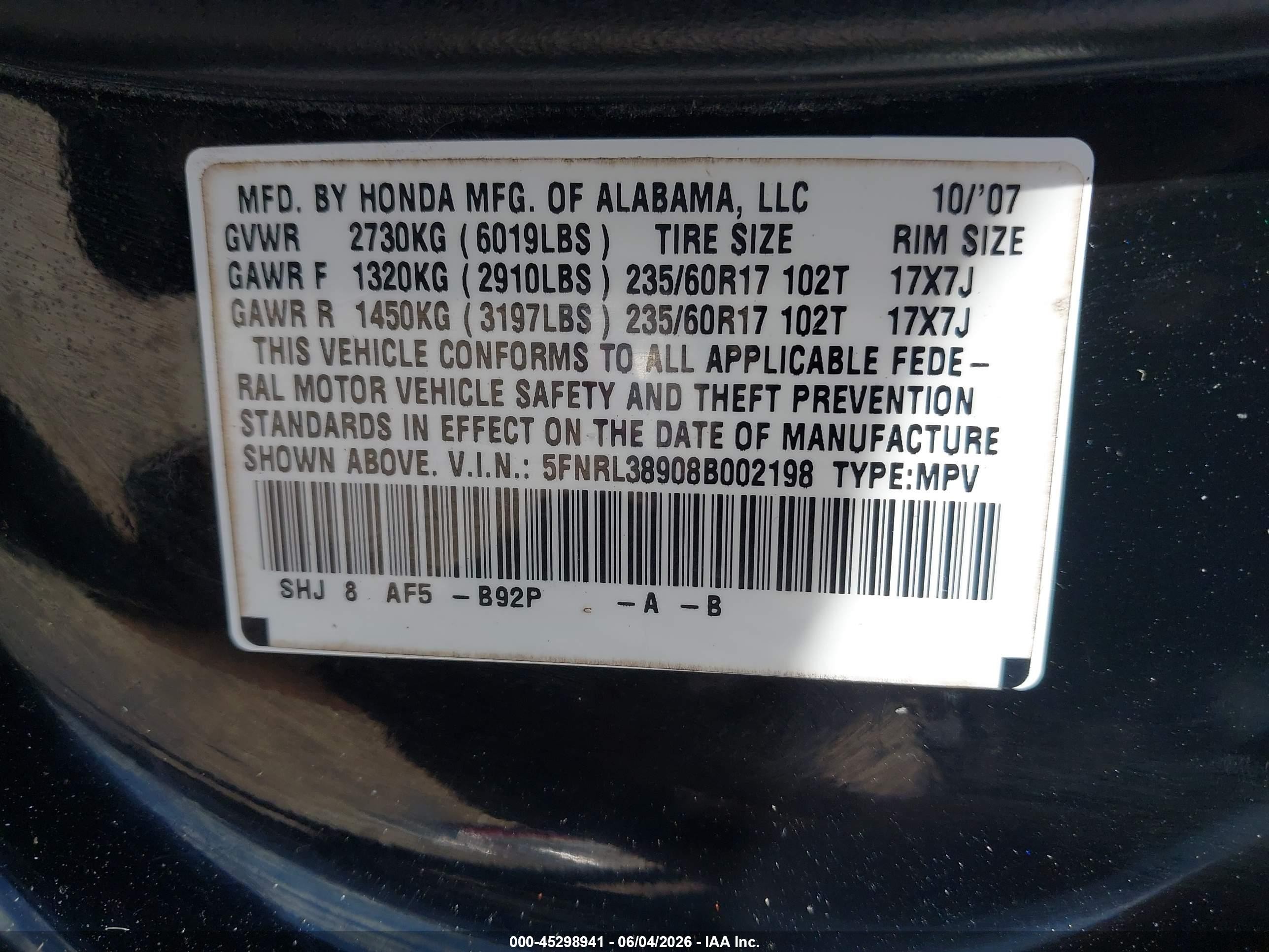 2008 Honda Odyssey Touring Black vin: 5FNRL38908B002198