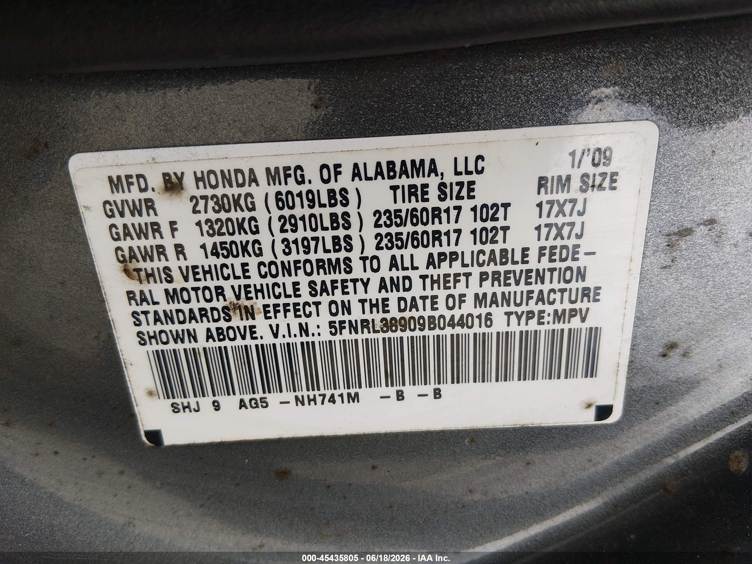 2009 Honda Odyssey Touring Light Blue vin: 5FNRL38909B044016