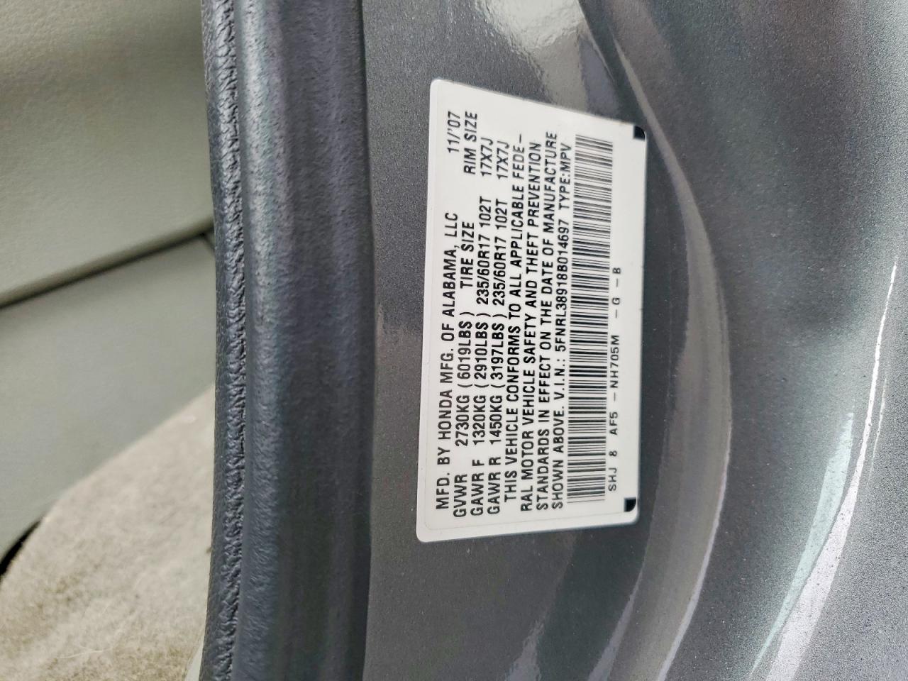 2008 Honda Odyssey Touring Gray vin: 5FNRL38918B014697