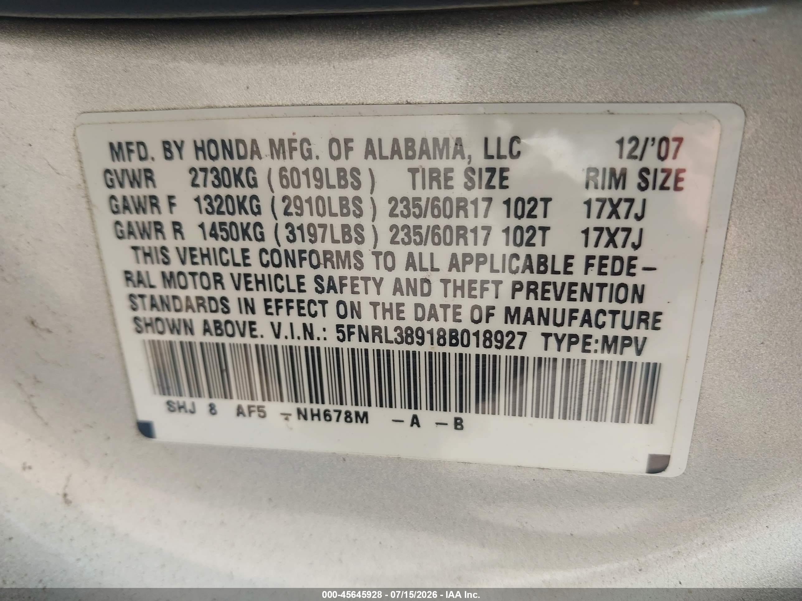 2008 Honda Odyssey Touring Silver vin: 5FNRL38918B018927