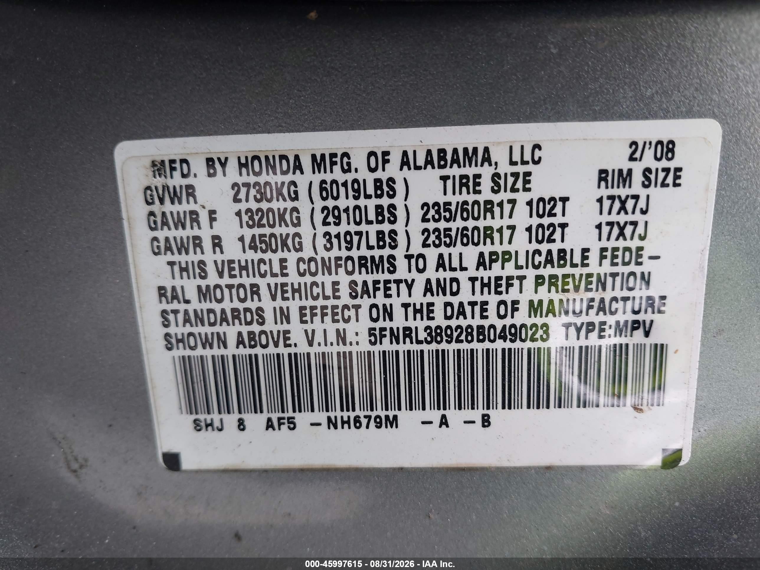 2008 Honda Odyssey Touring Gray vin: 5FNRL38928B049023