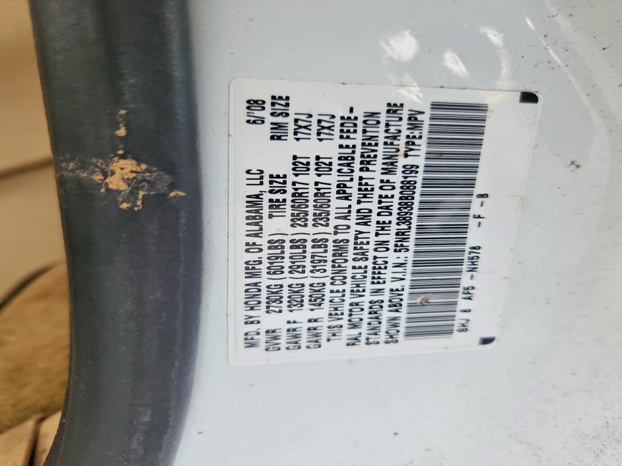 2008 Honda Odyssey Touring White vin: 5FNRL38938B088199
