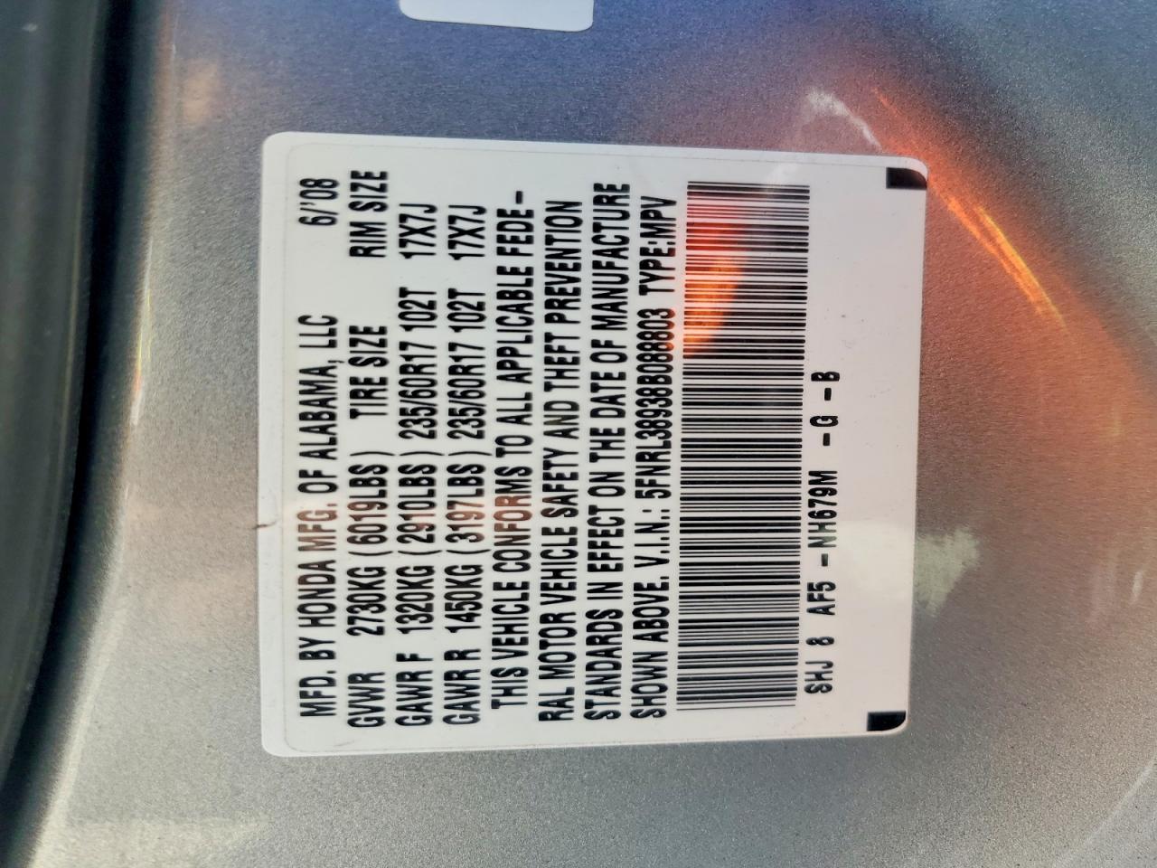 2008 Honda Odyssey Touring Blue vin: 5FNRL38938B088803