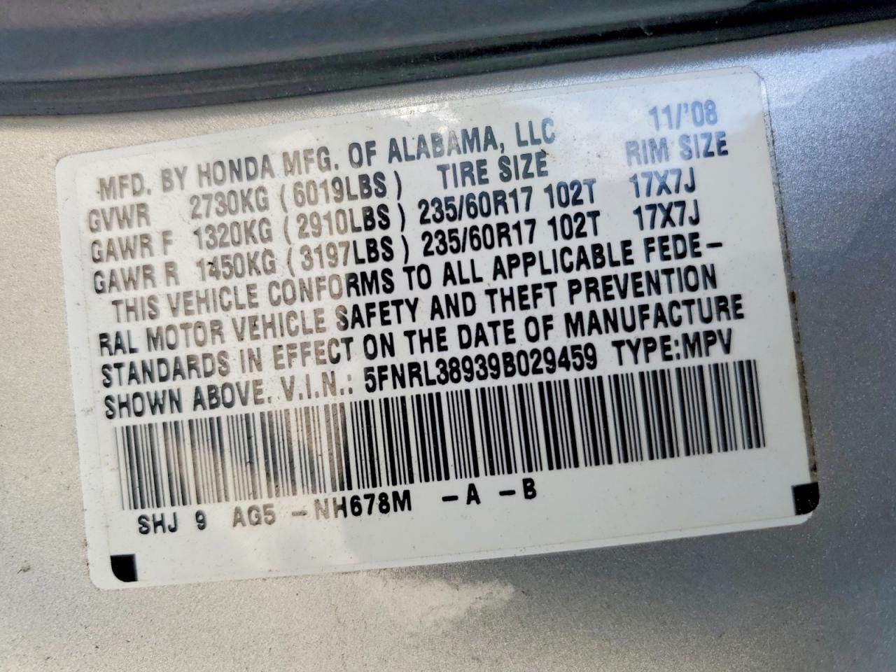 2009 Honda Odyssey Touring Silver vin: 5FNRL38939B029459