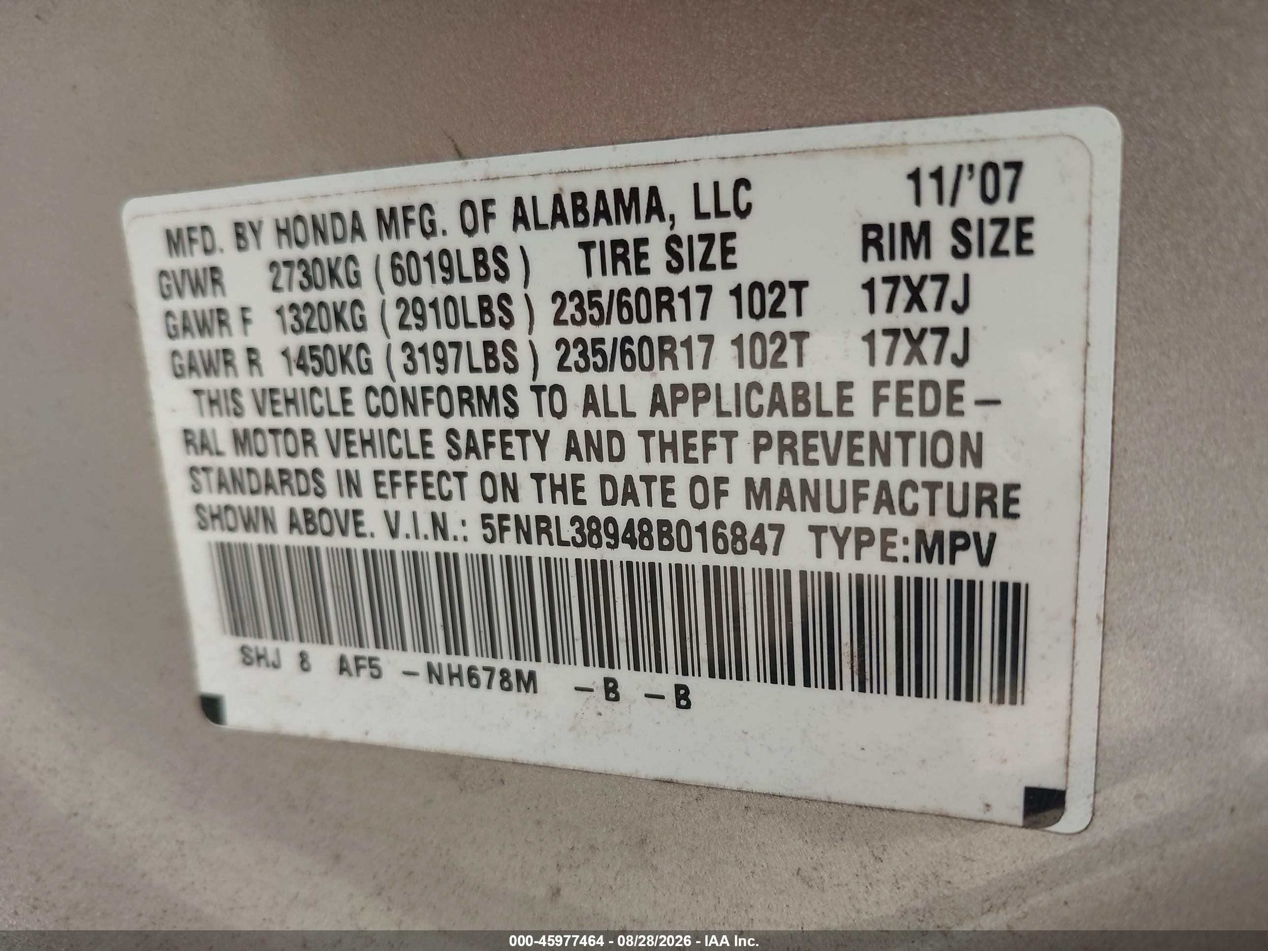 2008 Honda Odyssey Touring Silver vin: 5FNRL38948B016847