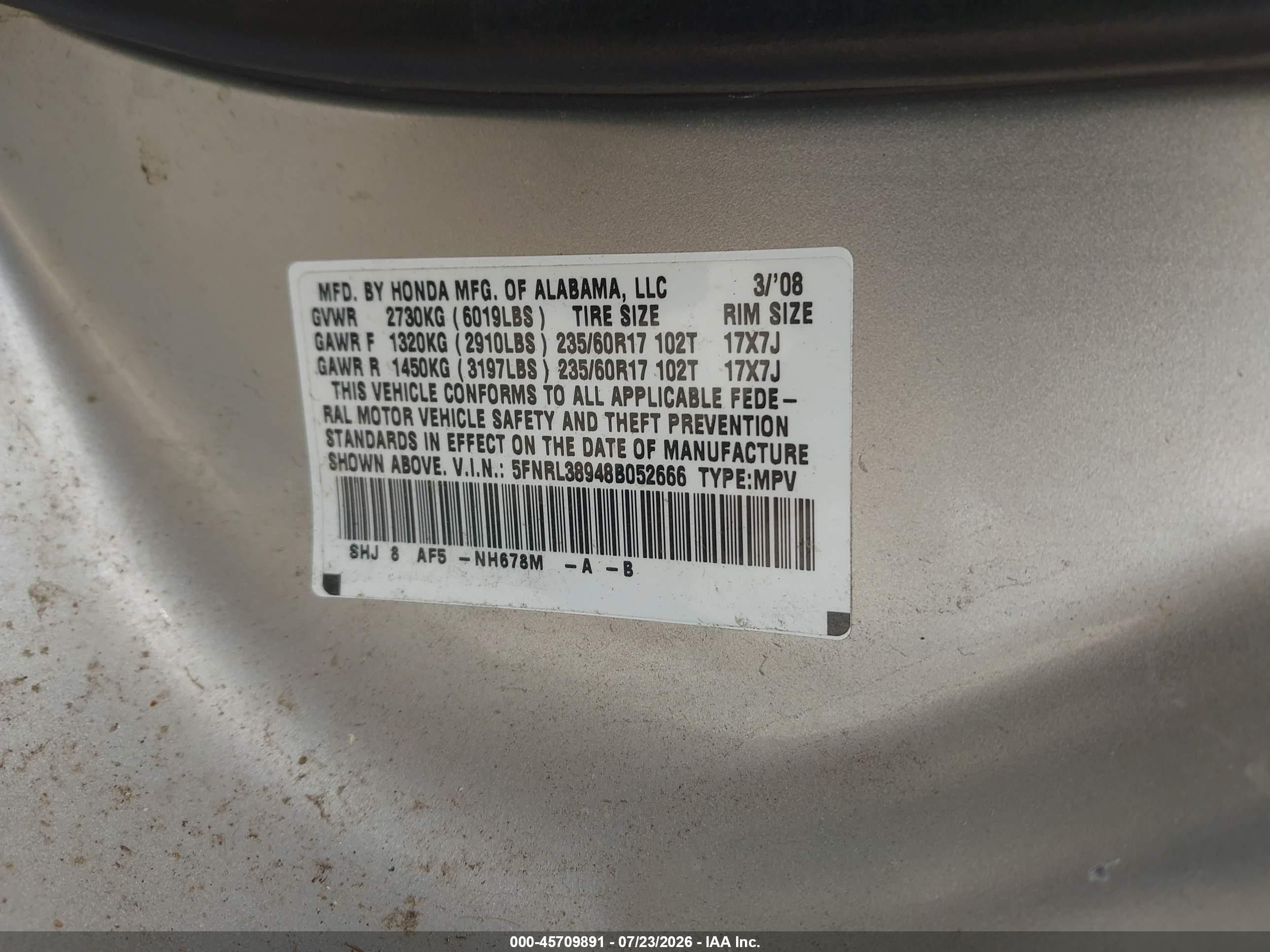 2008 Honda Odyssey Touring Silver vin: 5FNRL38948B052666