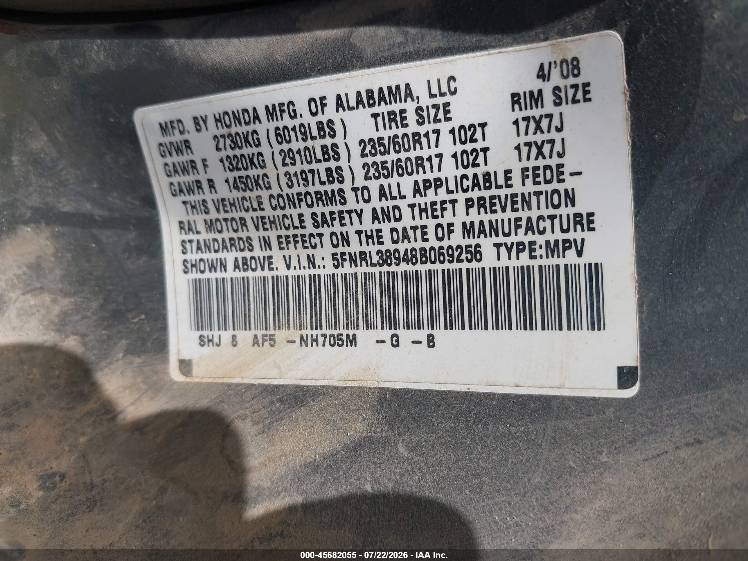 2008 Honda Odyssey Touring Gray vin: 5FNRL38948B069256