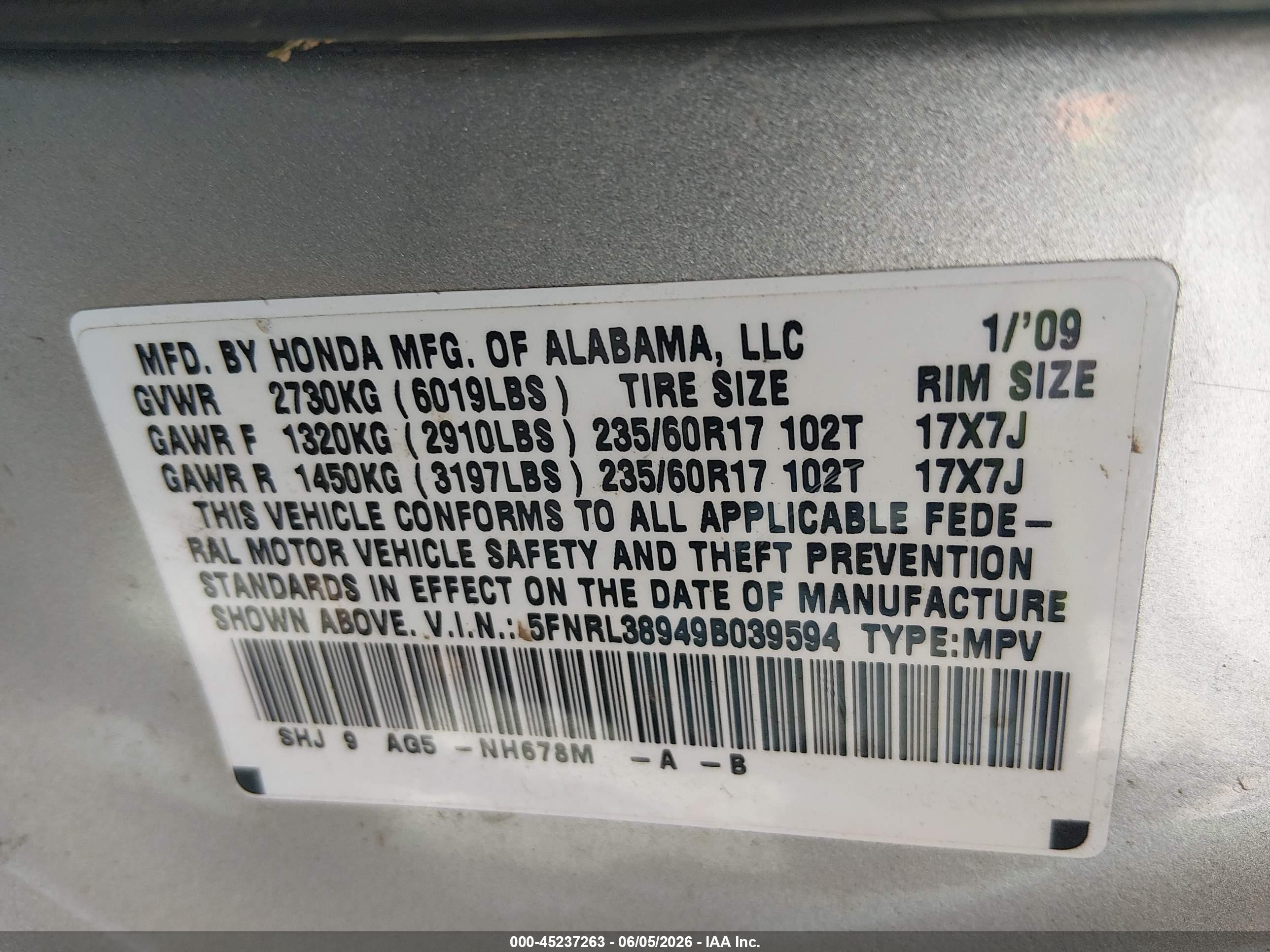 2009 Honda Odyssey Touring Silver vin: 5FNRL38949B039594