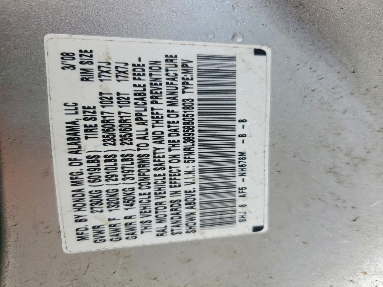 2008 Honda Odyssey Touring Silver vin: 5FNRL38958B051803