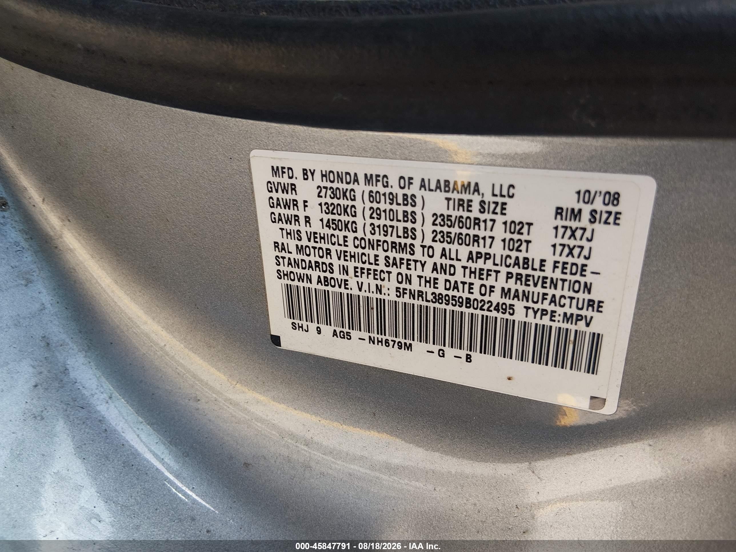 2009 Honda Odyssey Touring Light Blue vin: 5FNRL38959B022495