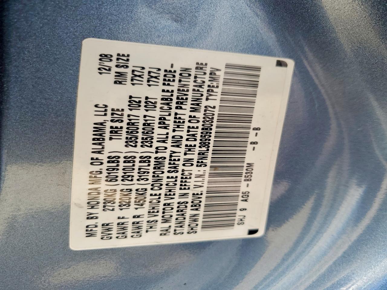 2009 Honda Odyssey Touring Blue vin: 5FNRL38959B032072